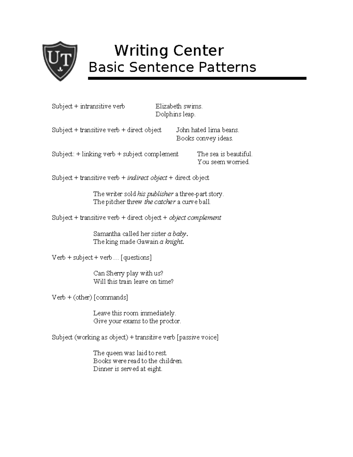 Basic Sentence Patterns with e - Writing Center Basic Sentence Patterns ...