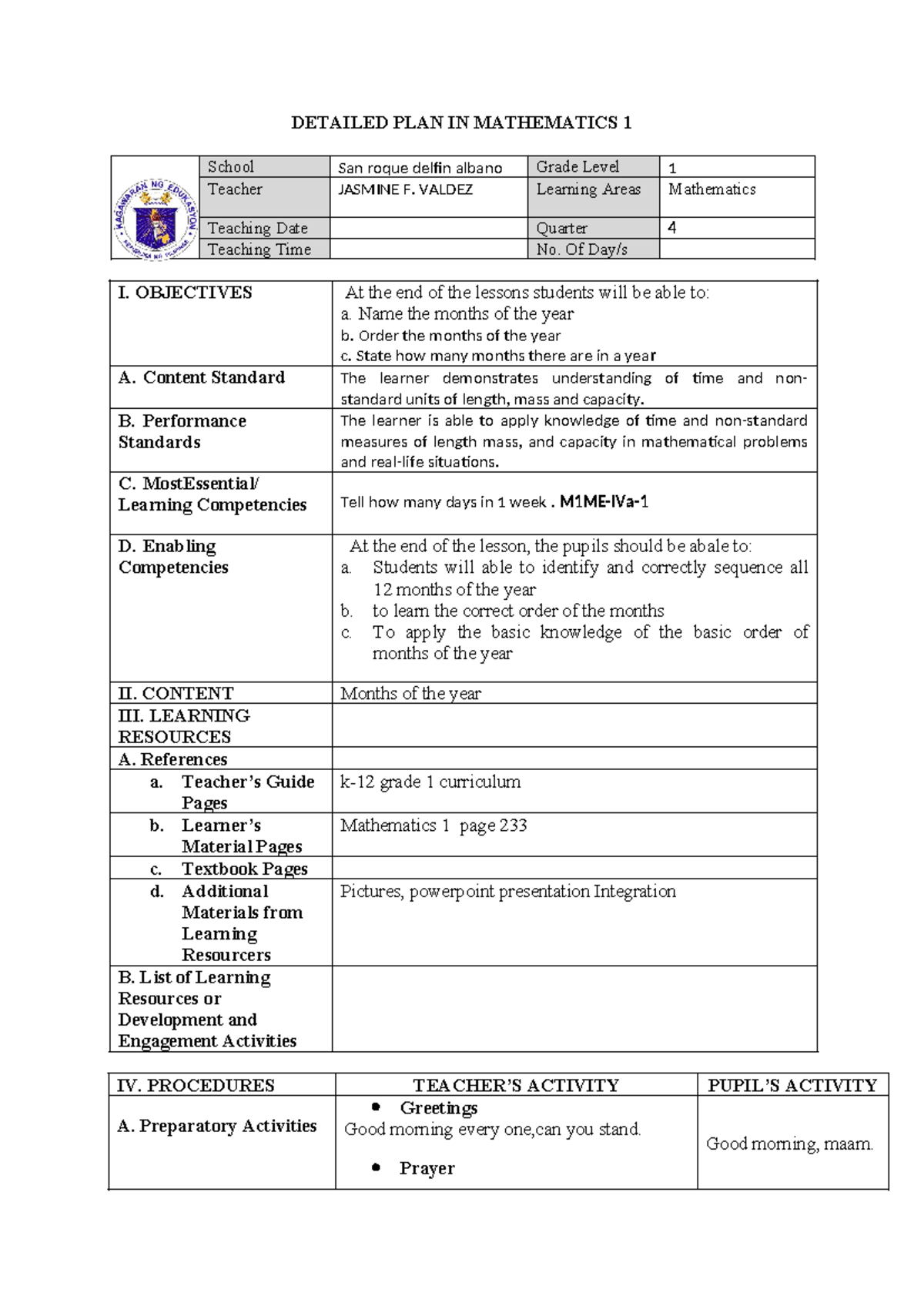 Detailed PLAN IN Mathematics IV - DETAILED PLAN IN MATHEMATICS 1 School ...