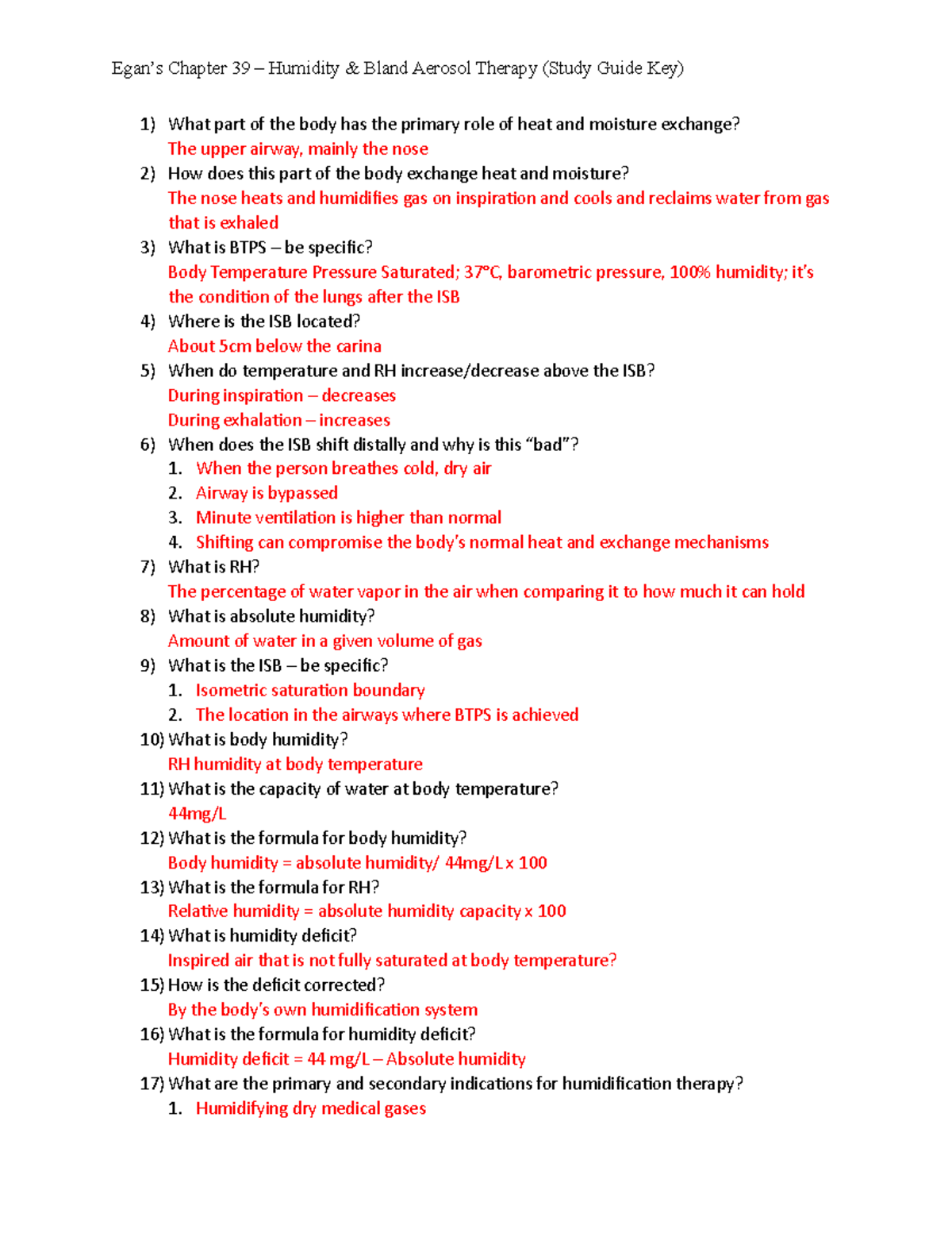 Egans Chapter 39 Humidity and Bland Aerosol Therapy (Study Guide Key