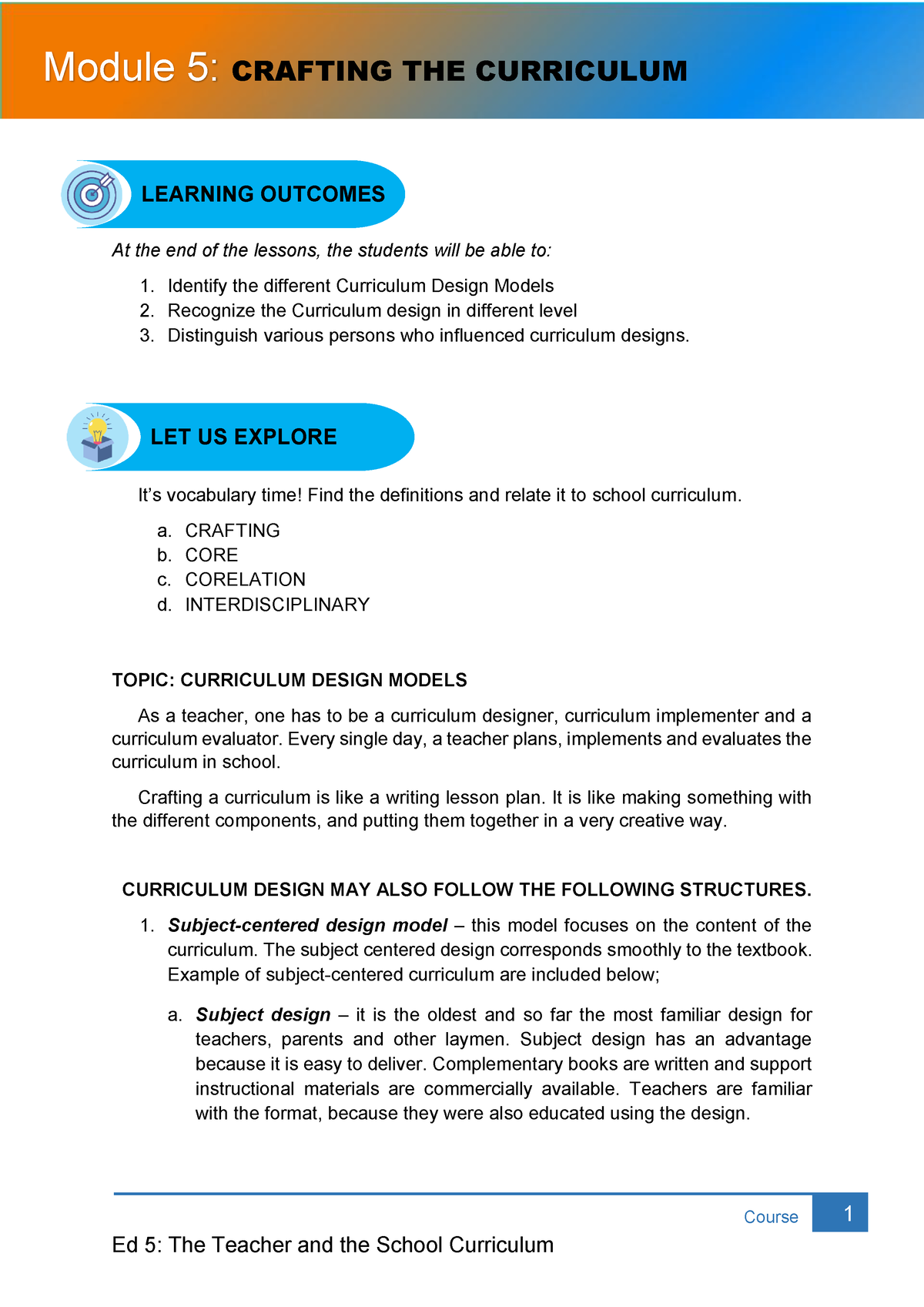 Module 5 ED 5 - Course 1 At The End Of The Lessons, The Students Will ...