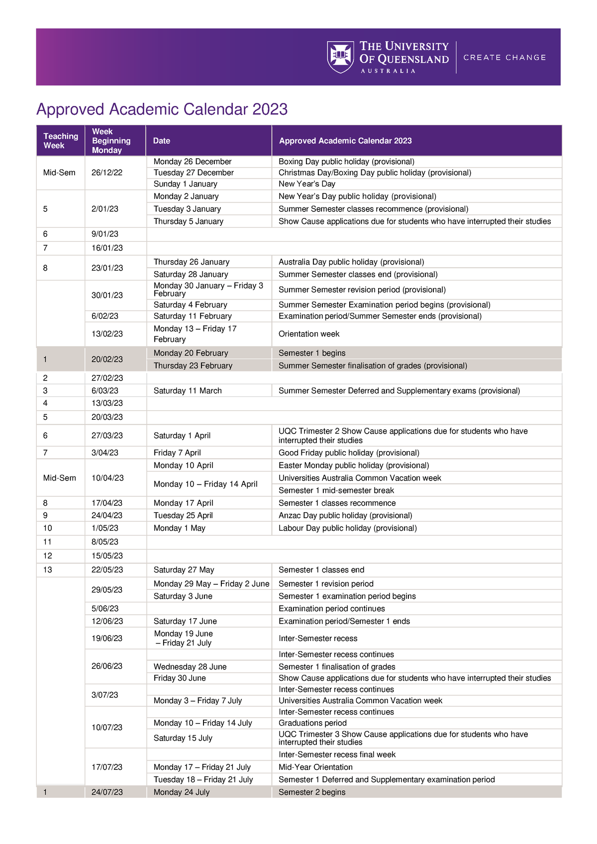 2023 Academic Calendar uq Approved Academic Calendar 202 3 Teaching