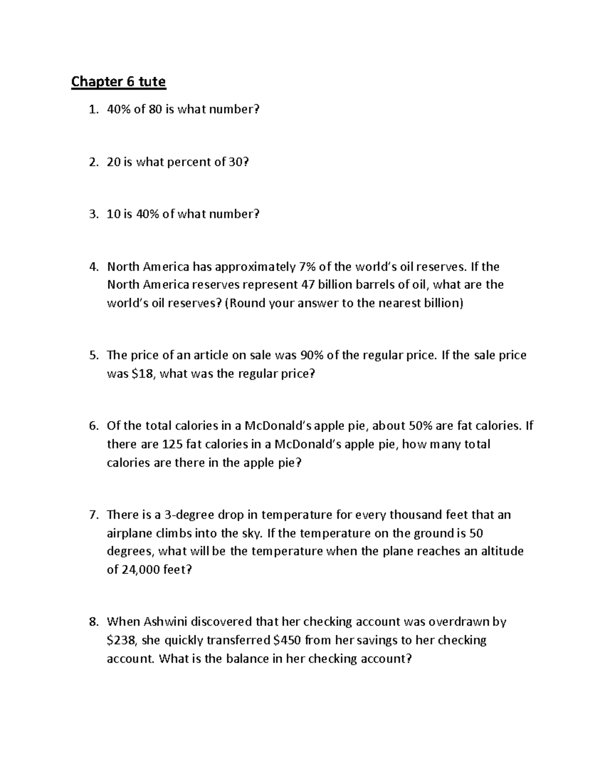 Chapter 6 tute - maths chap 6 fia sem 1 - Chapter 6 tute 40% of 80 is ...