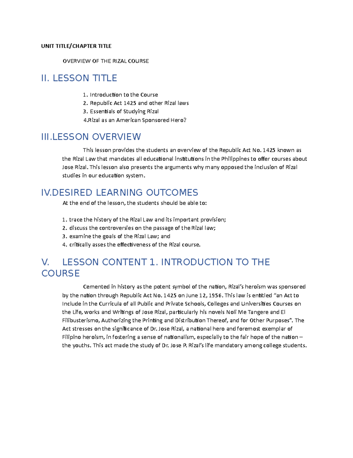 Life and Works of Rizal. Module 1. 1 - UNIT TITLE/CHAPTER TITLE ...