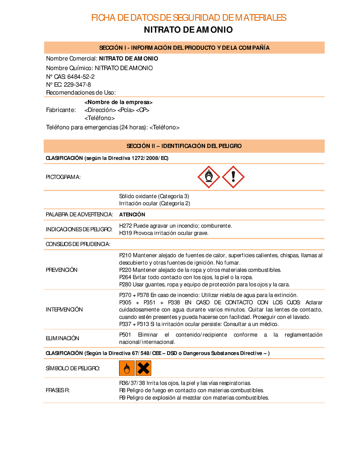 Ficha De Seguridad Del Nitrato De Amonio Ficha De Datos De Seguridad De Materiales Nitrato De 1594