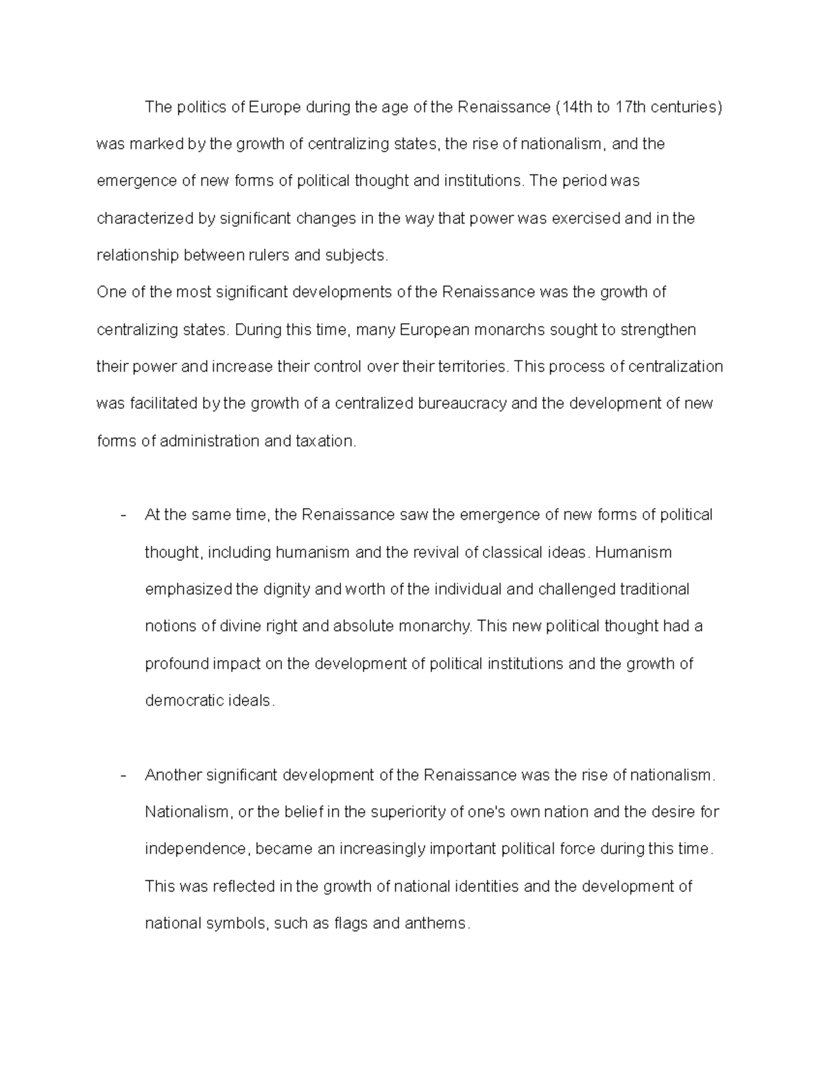 Renaissance Politics Notes - The politics of Europe during the age of ...