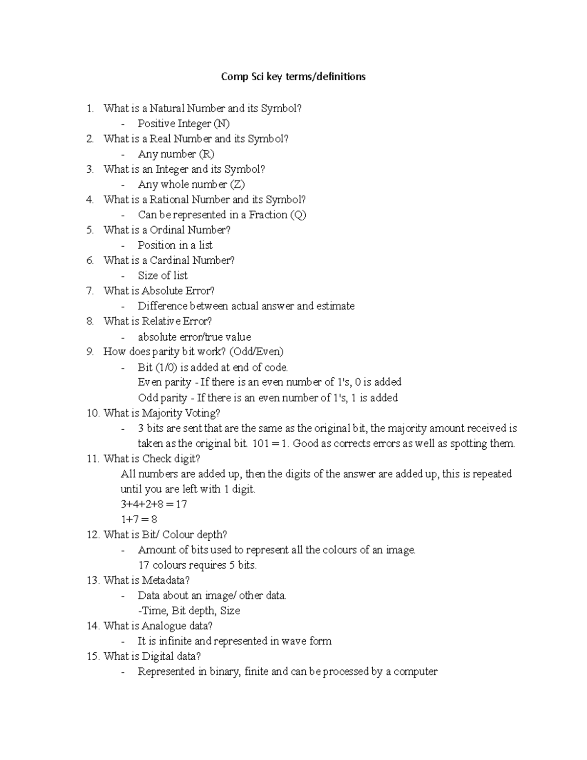 Comp Sci terms - Comp Sci key terms/definitions What is a Natural