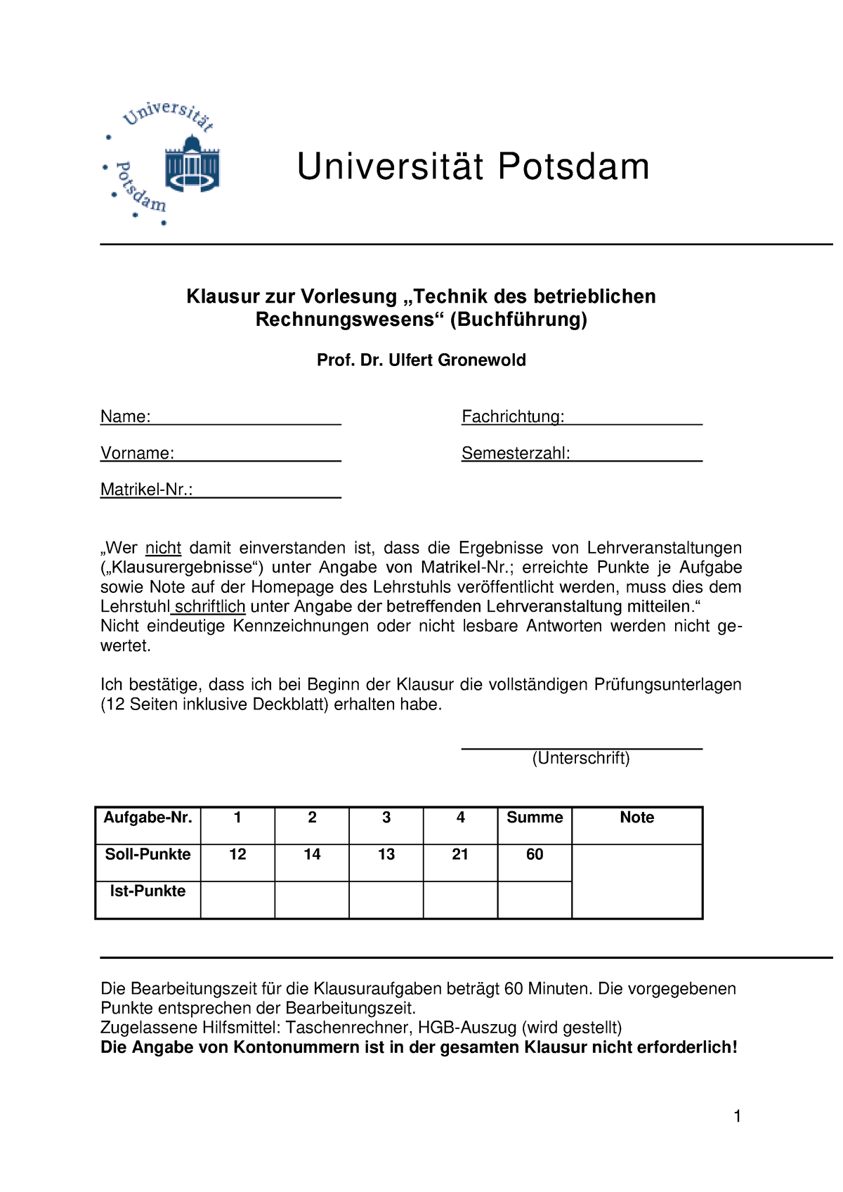 Musterklausur Nr. 1 - Universität Potsdam Klausur Zur Vorlesung ...