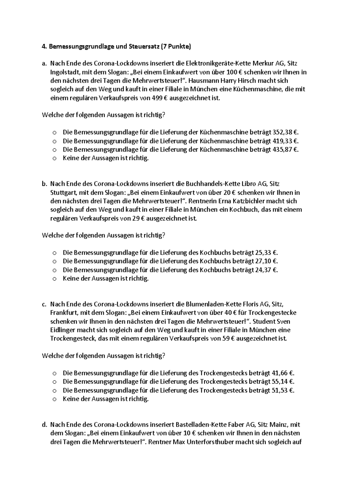 Single Choice Übungsprüfung Teil 2 docx Bemessungsgrundlage und