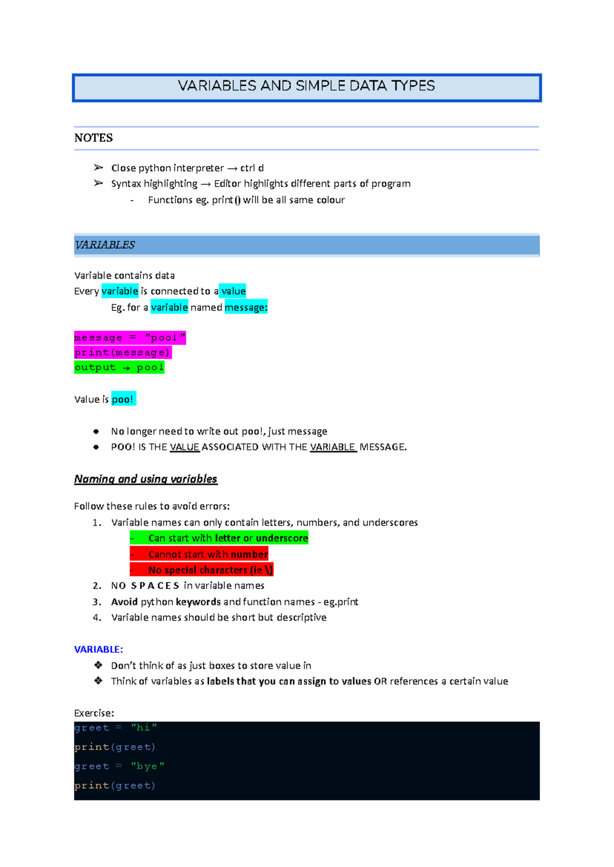 General Beginner Python Notes - VARIABLES AND SIMPLE DATA TYPES NOTES ...