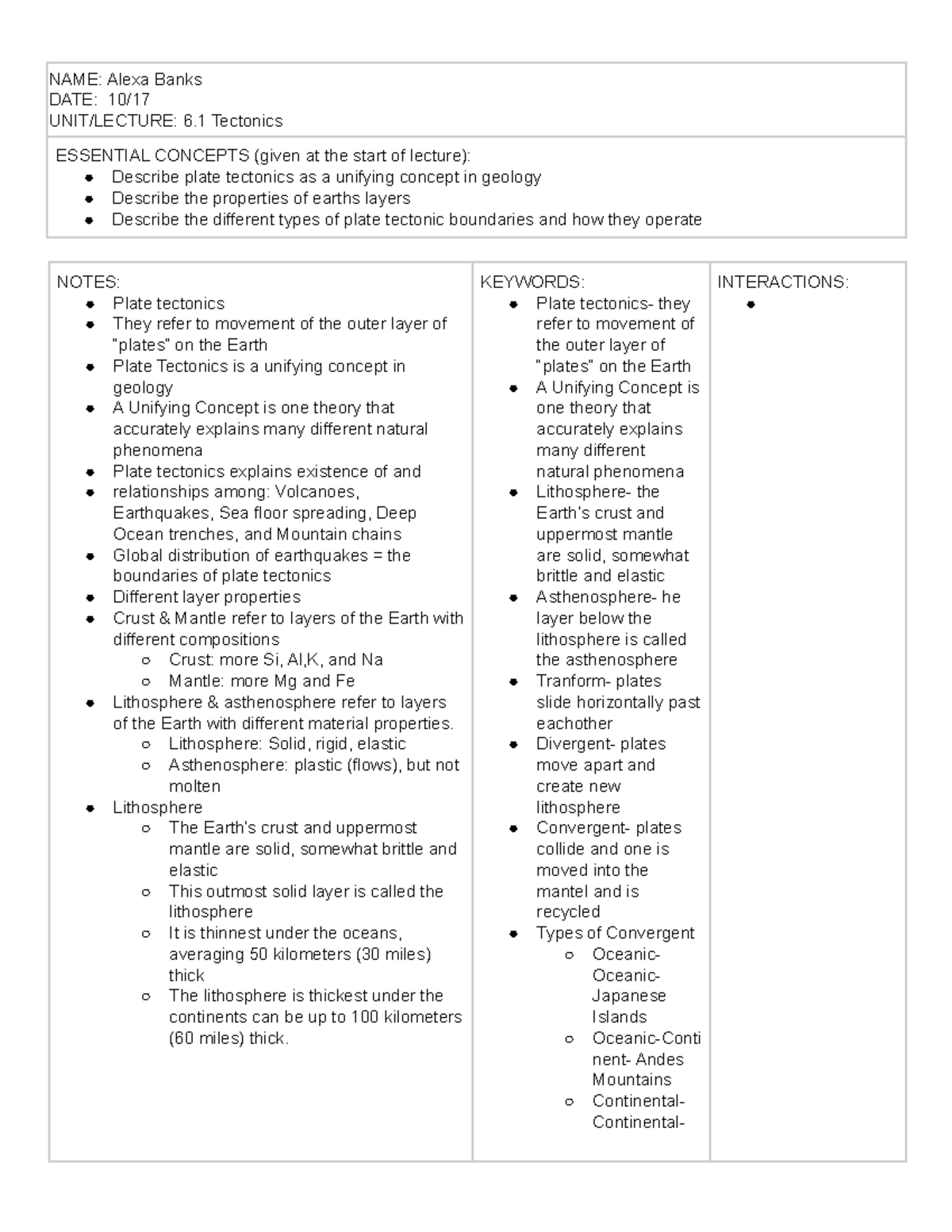6.1 3Column Notes Unit 6.1 Describe plate tectonics as a unifying