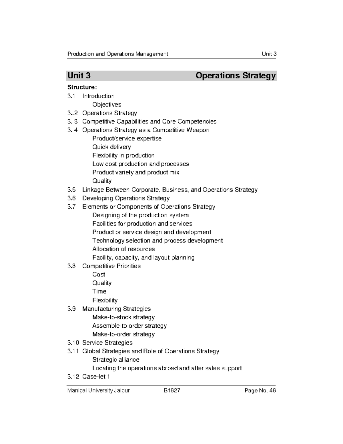 Unit 3 Operations Strategy - Unit 3 Operations Strategy Structure: 3 ...