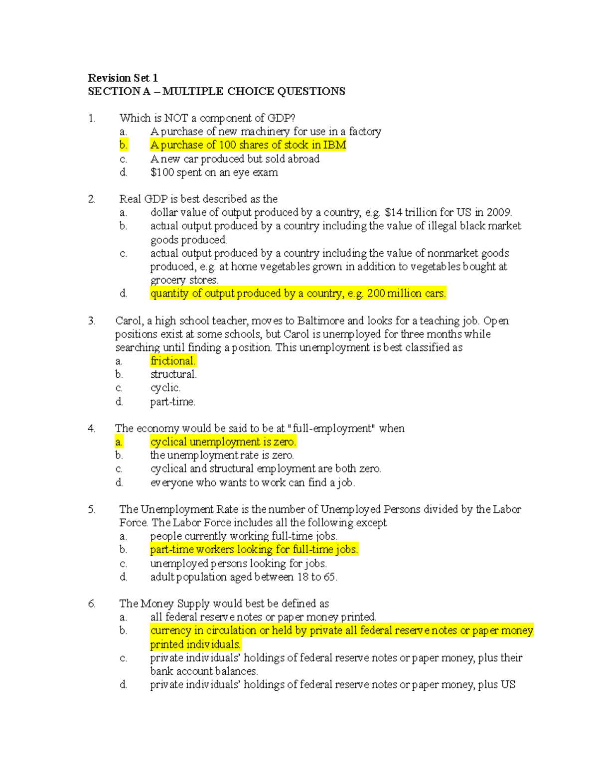 Revision questions midterm(MCQ)student Revision Set 1 SECTION A