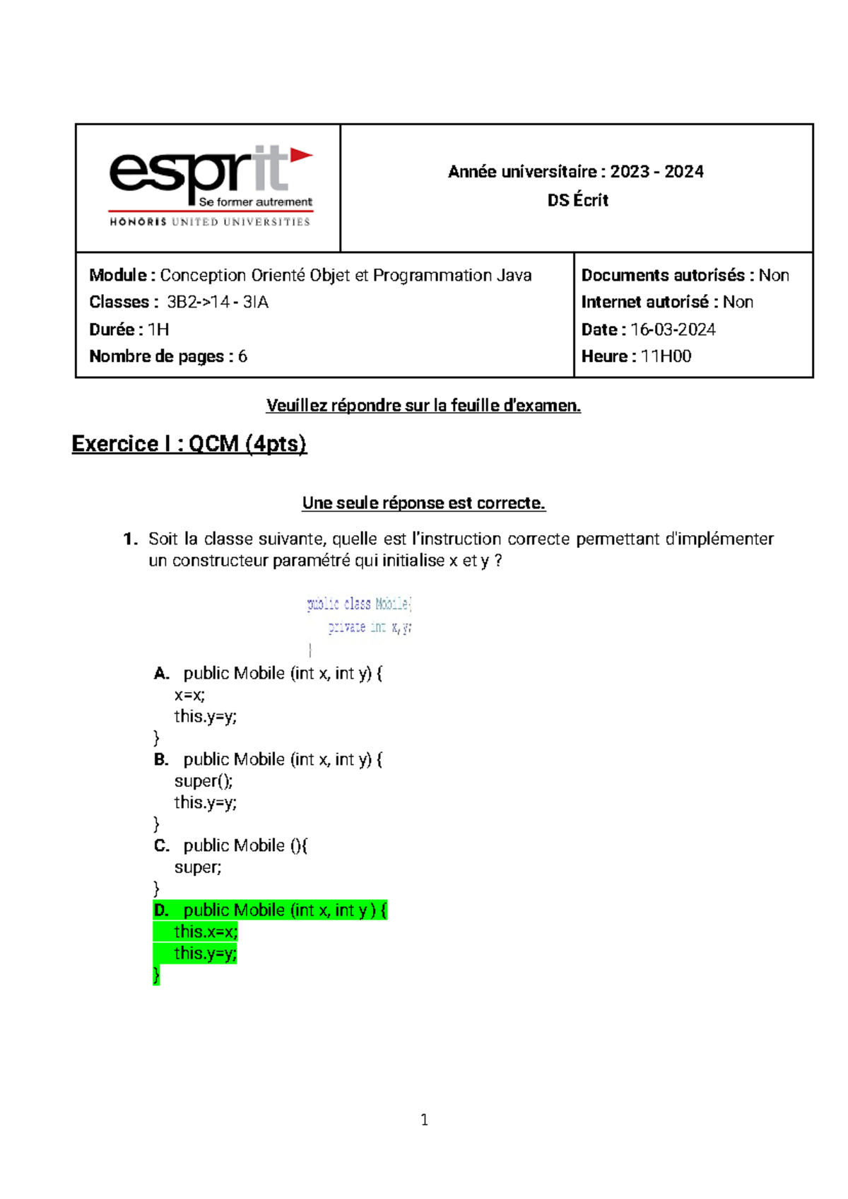 DS Java 2324 3B - Correction - Année universitaire : 2023 - 2024 DS ...