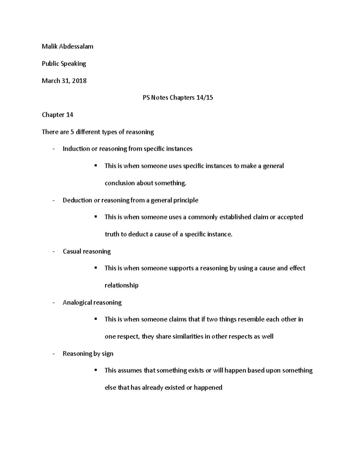 PS Notes 1415 Chapters 14, 15 A+ grade Malik Abdessalam Public Speaking March 31, 2018 PS