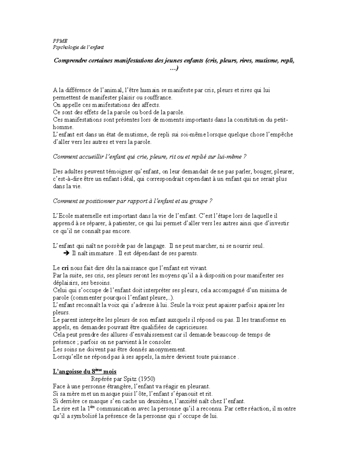Petite enfance - comprendre les manifestations - PPME Psychologie de l ...
