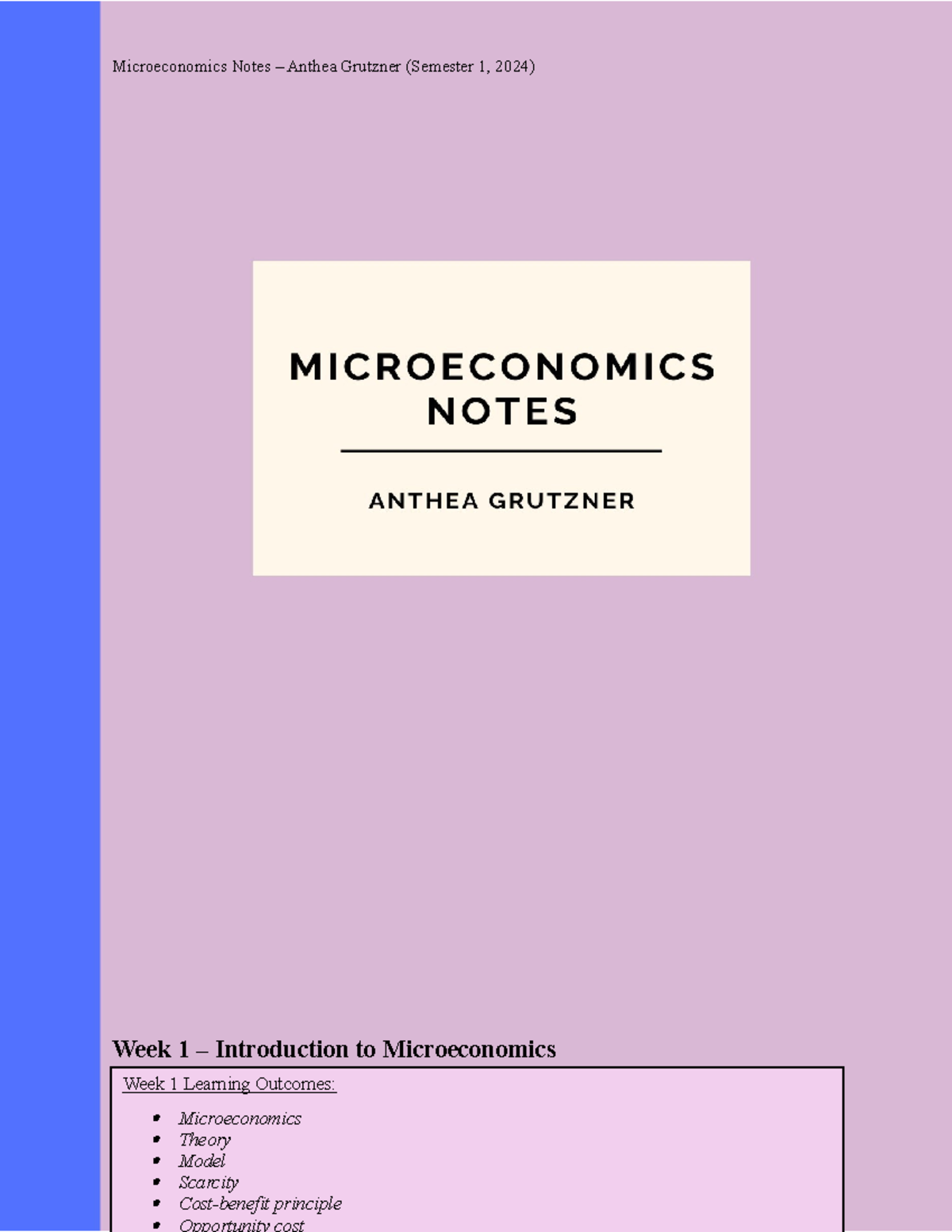 Microeconomics notes - Week 1 – Introduction to Microeconomics Week 1 ...