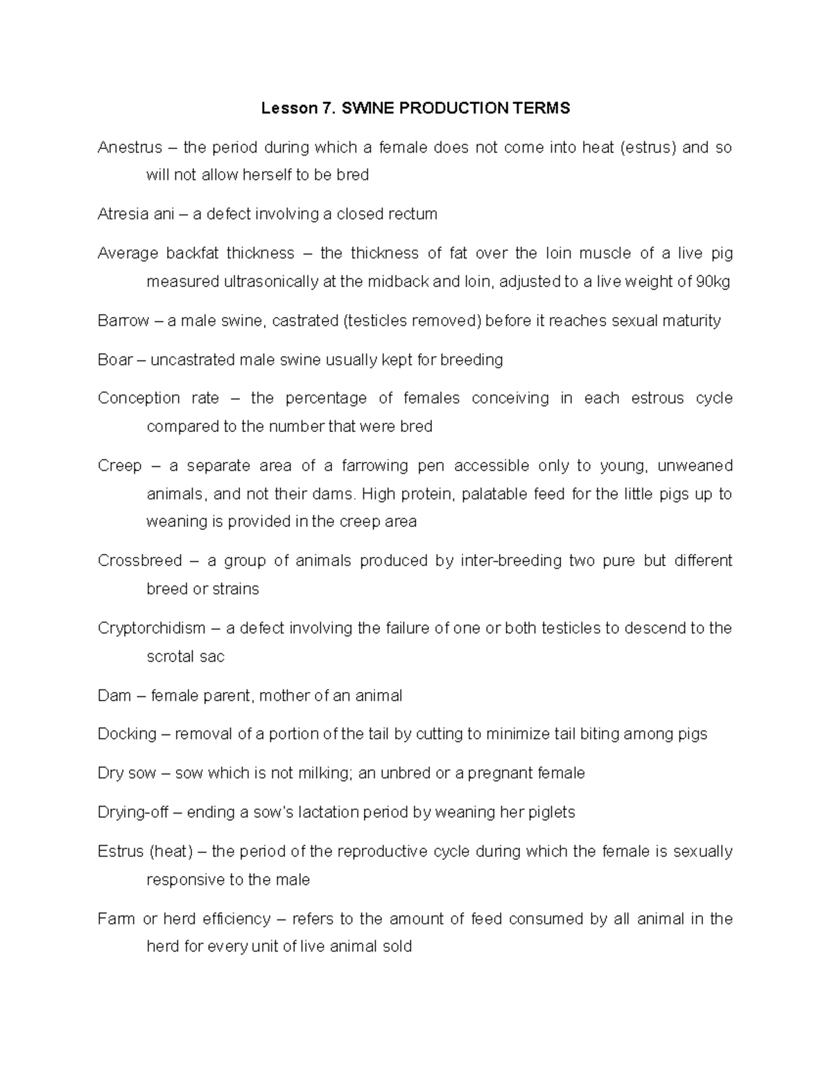 Lesson 7. Swine Production Terms Lesson 7. SWINE PRODUCTION TERMS
