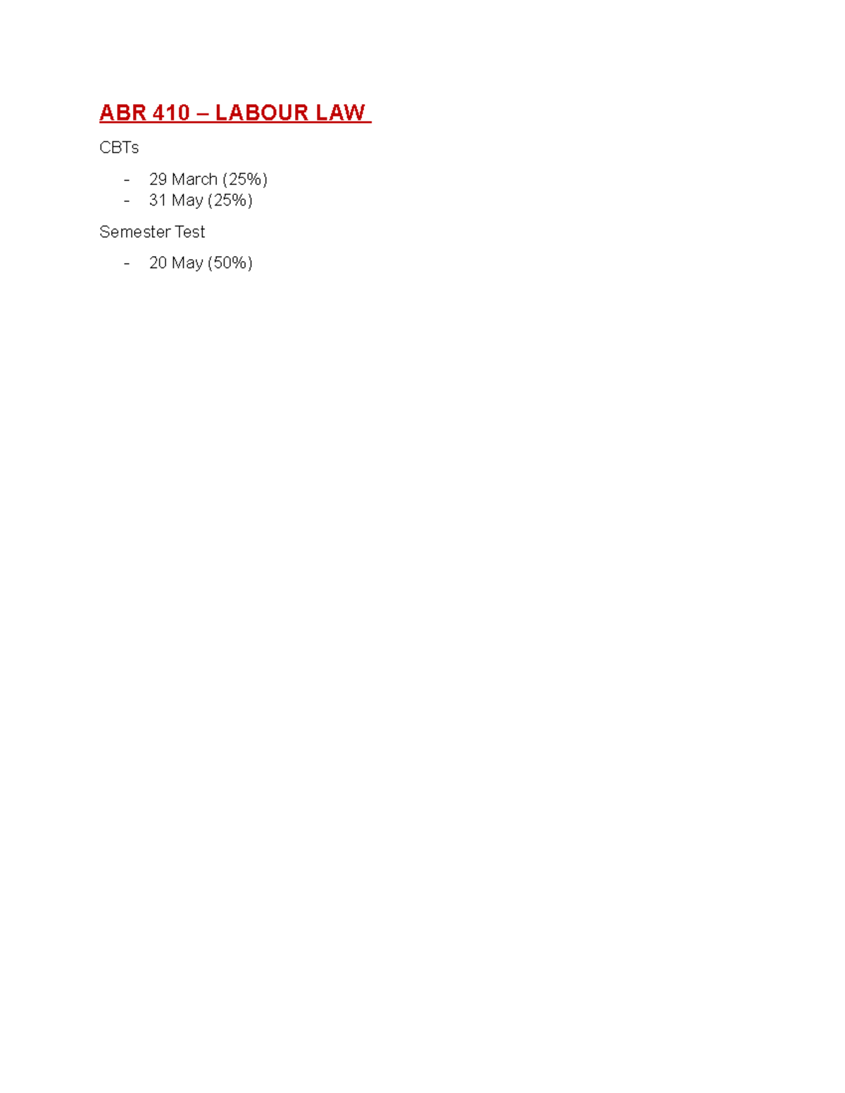 ABR Study notes (Theme 1 - 5) - ABR 410 – LABOUR LAW CBTs 29 March (25% ...