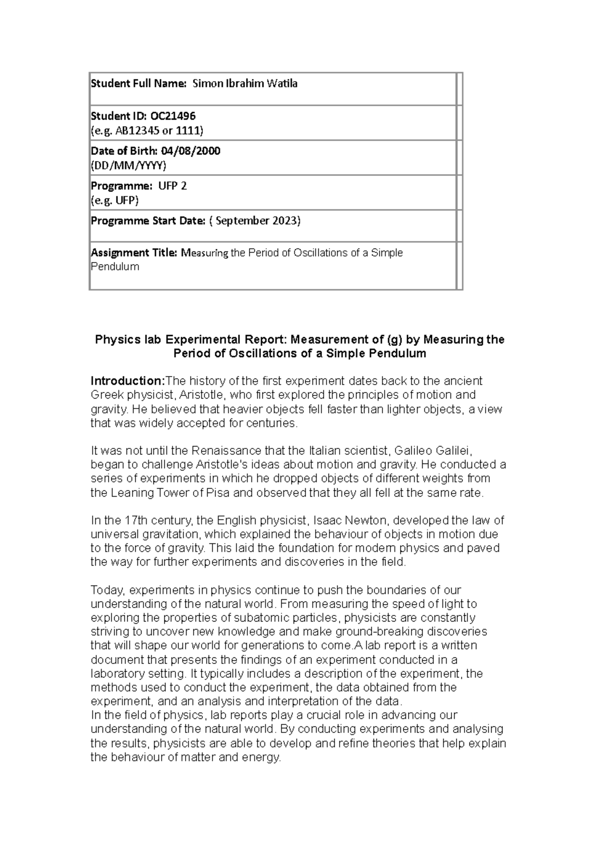 Physic Draft Report - Student Full Name: Simon Ibrahim Watila Student ...