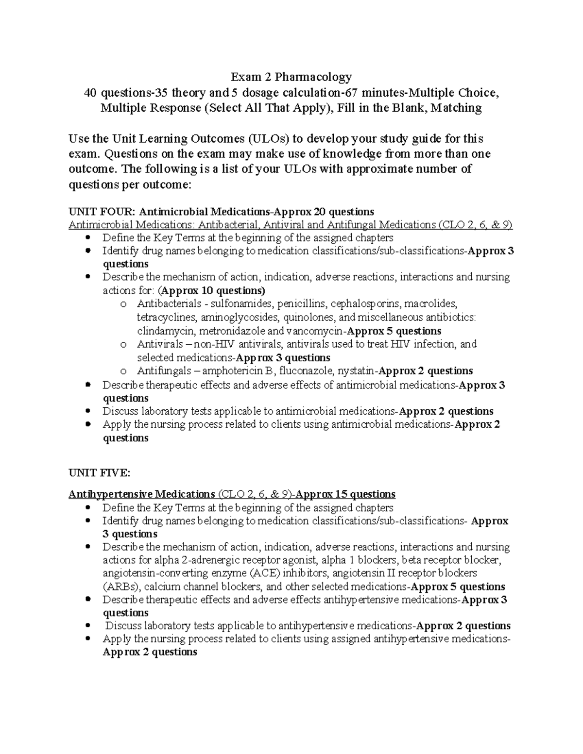 Exam 2 Blueprint - Exam 2 Pharmacology 40 questions-35 theory and 5 ...