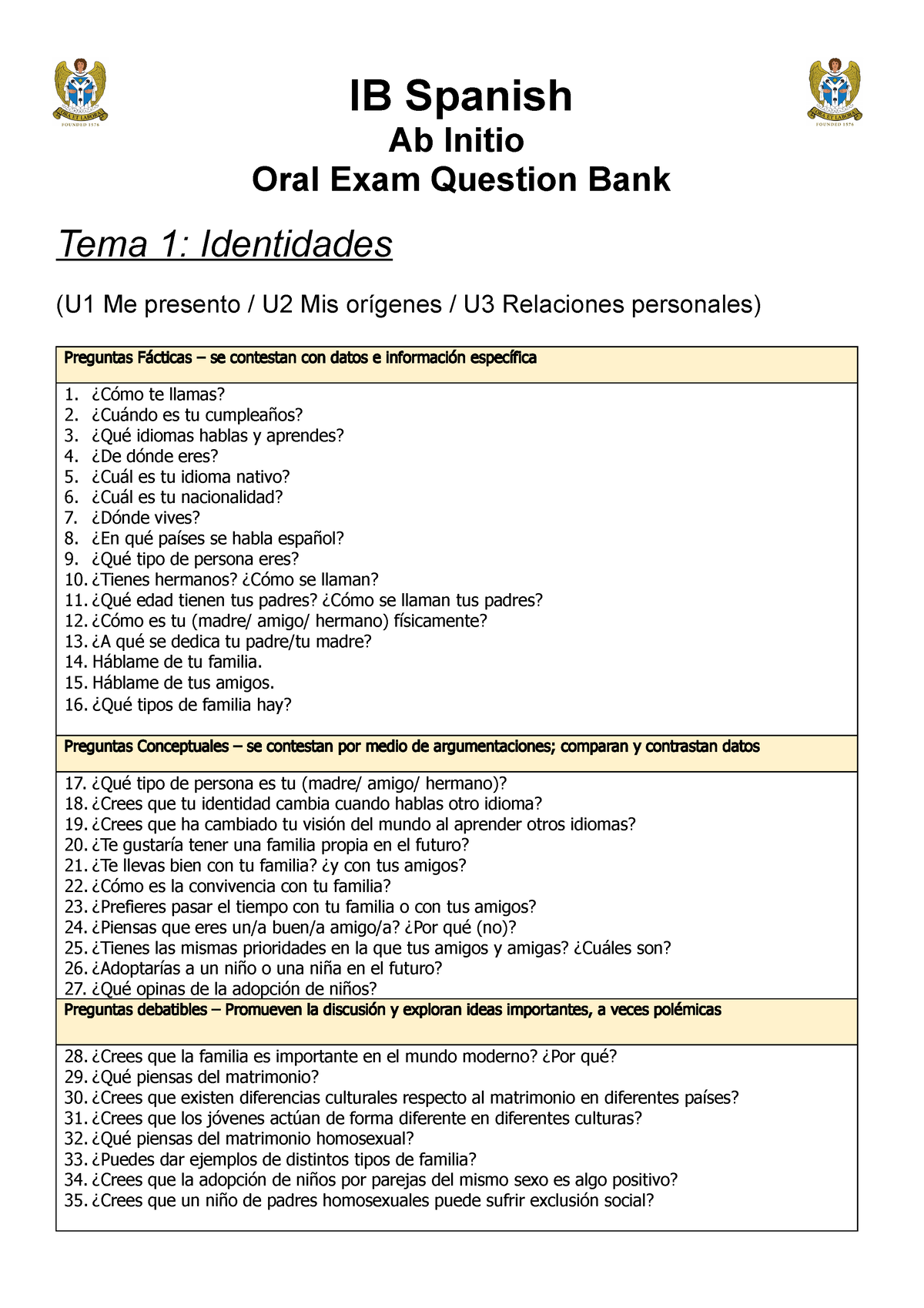 Theme 1 - PART 1 - IB ORAL EXAM Questions - IB Spanish Ab Initio Oral ...