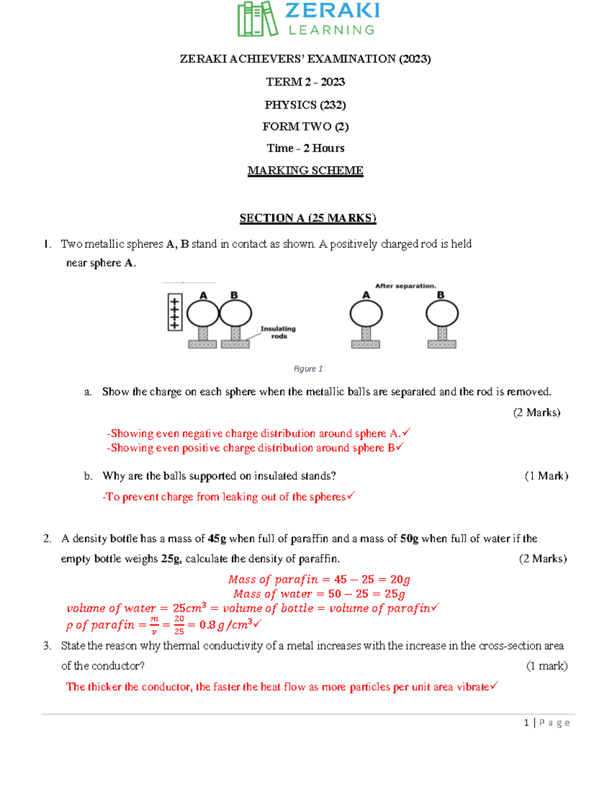 Physics Marking Scheme Zeraki Achievers 10 0 July 2023 Zeraki Achievers’ Examination 2023