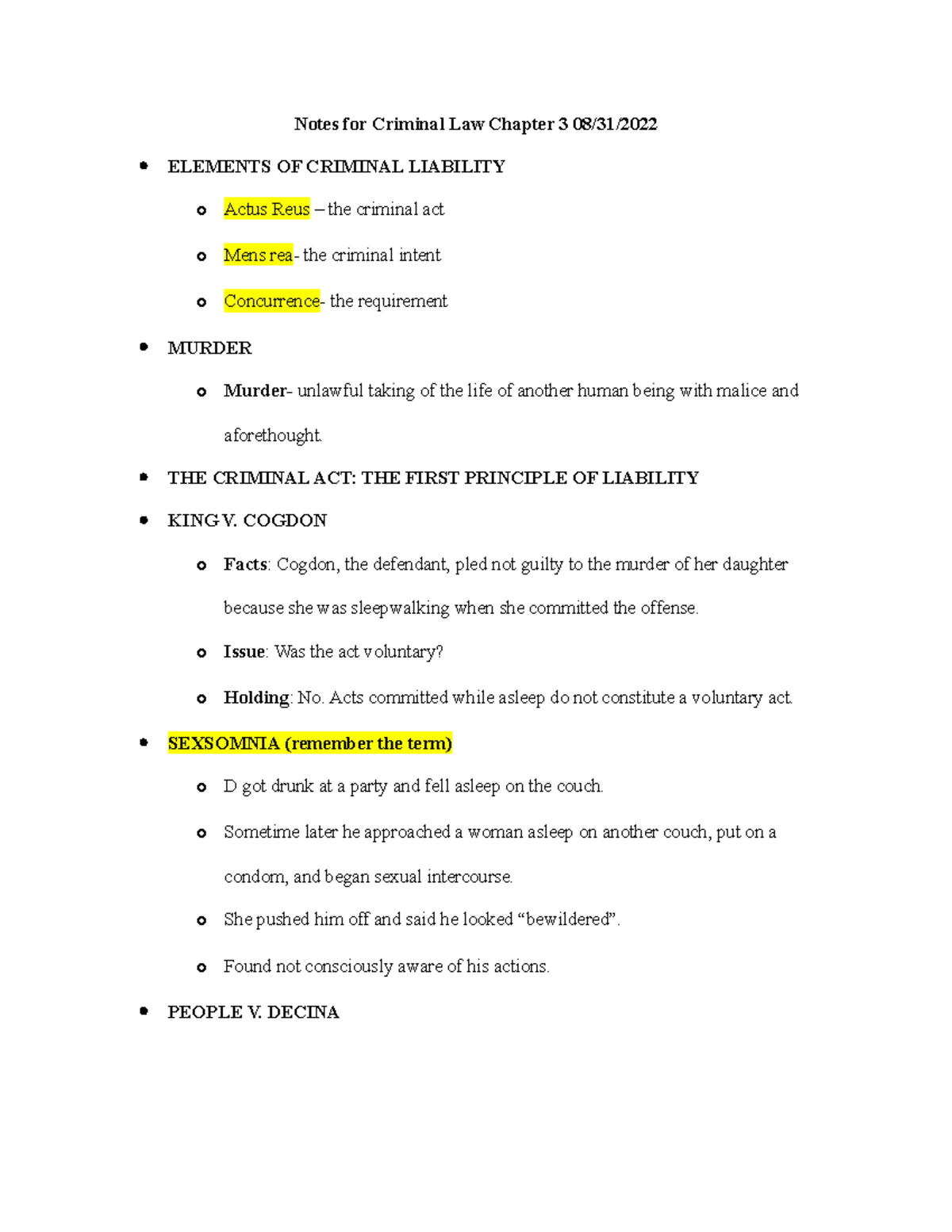 Criminal Law 2 Notes - Notes For Criminal Law Chapter 3 08/31/ ELEMENTS ...