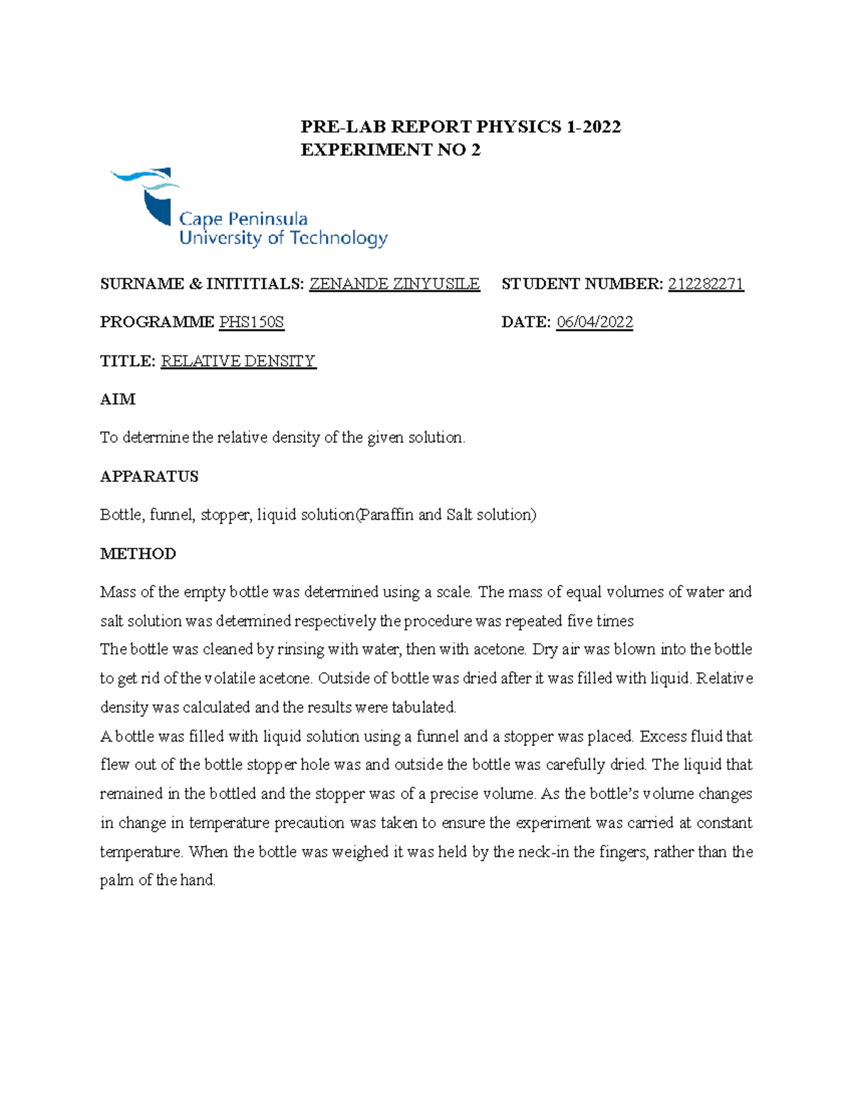PRELAB 2.1 Relative Density PRELAB REPORT PHYSICS 1 EXPERIMENT NO