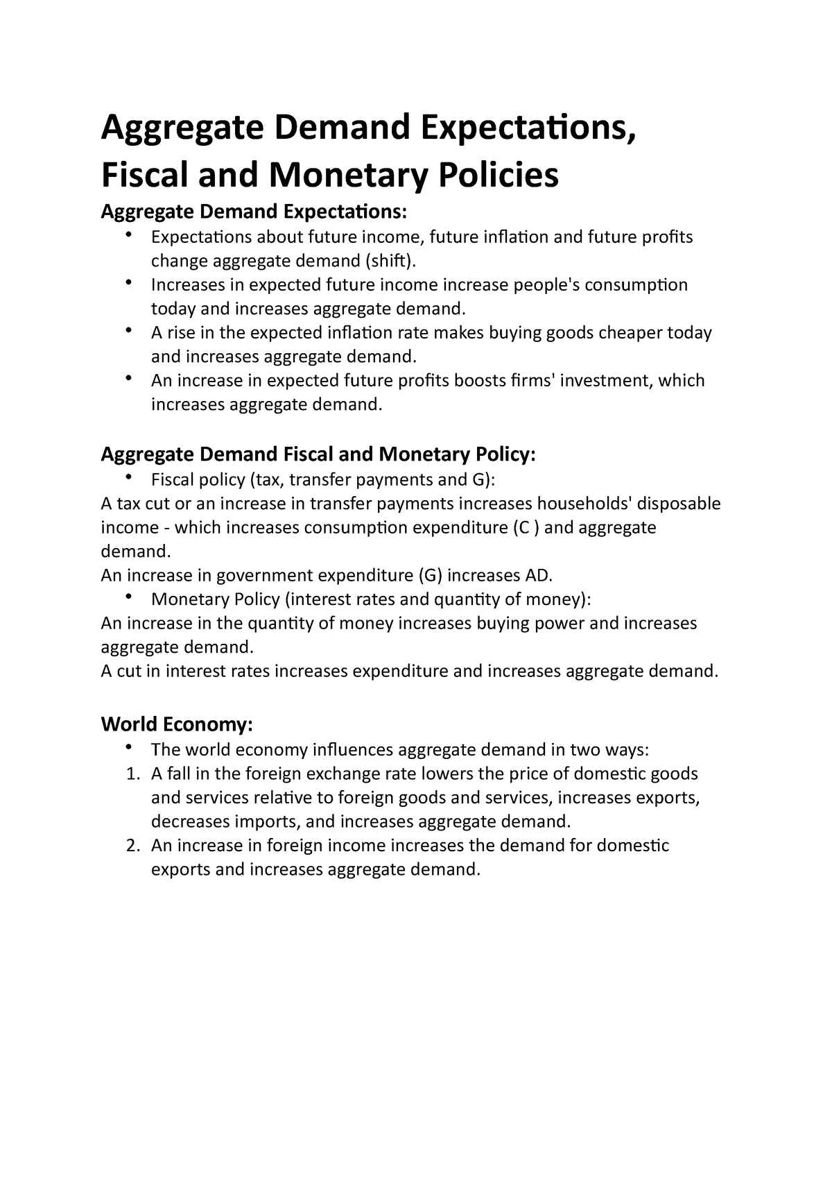 Aggregate Demand Expectations Fiscal And Monetary Policies Aggregate Demand Expectations 