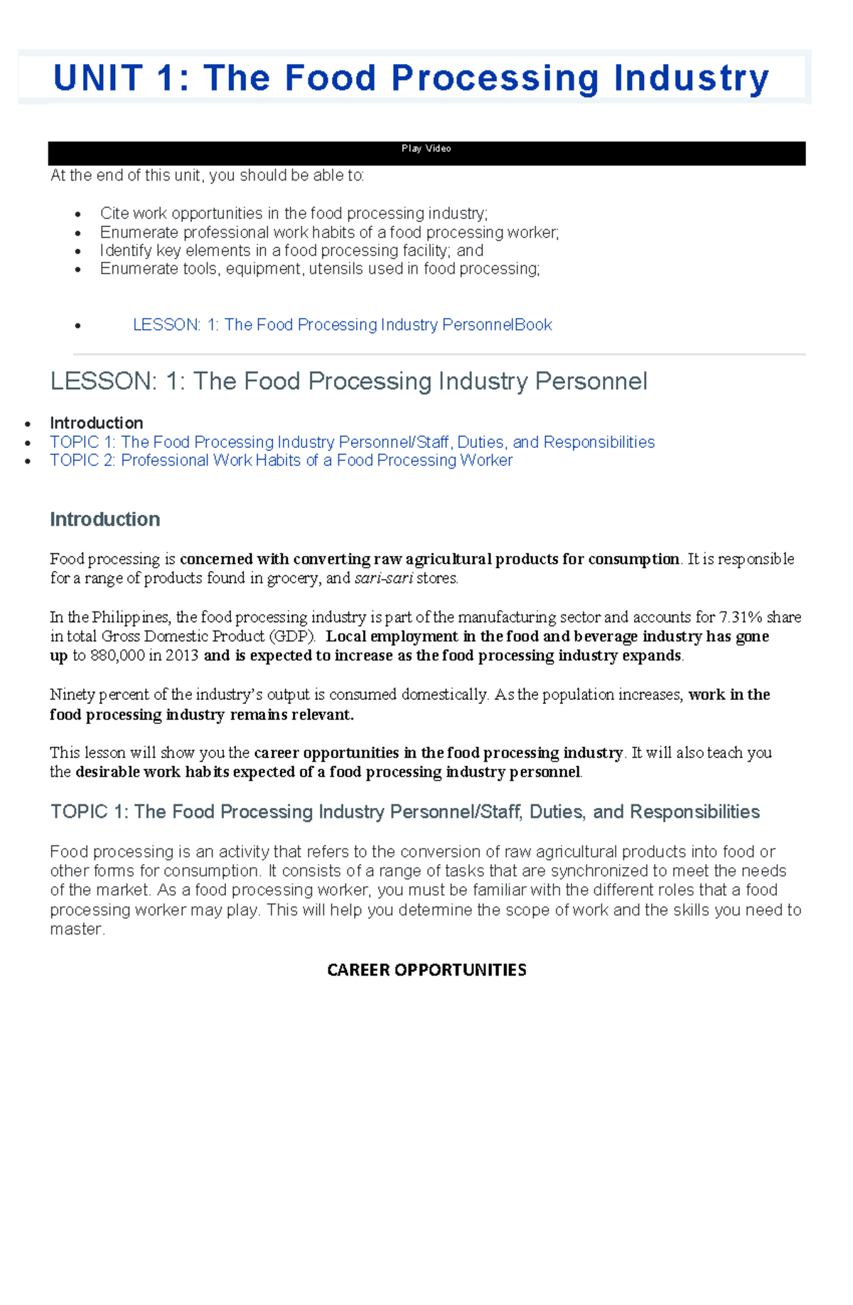 Food Processing NC2, Tesda reference UNIT 1 The Food Processing
