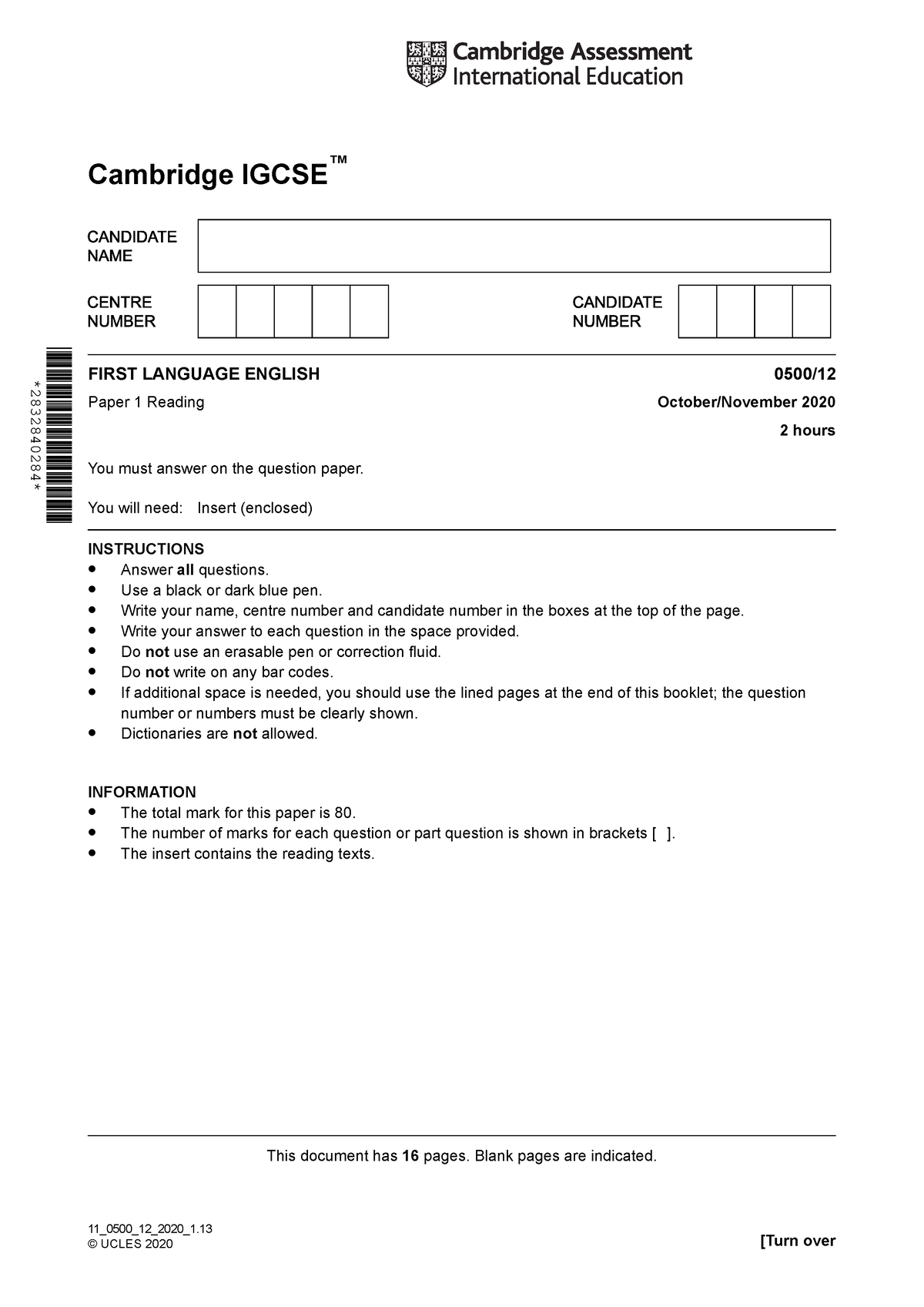 2020-Oct-Question paper - Cambridge IGCSE# 0500/12FIRST LANGUAGE ...