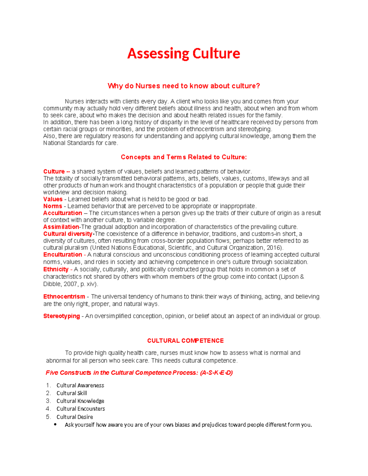 Assessing Culture 1 Assessing Culture Why do Nurses need to know