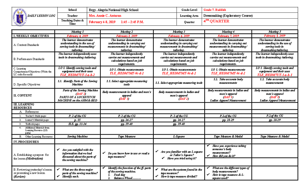 Tle 7 sample of dll - YES - DAILY LESSON LOG School Brgy. Alegria ...