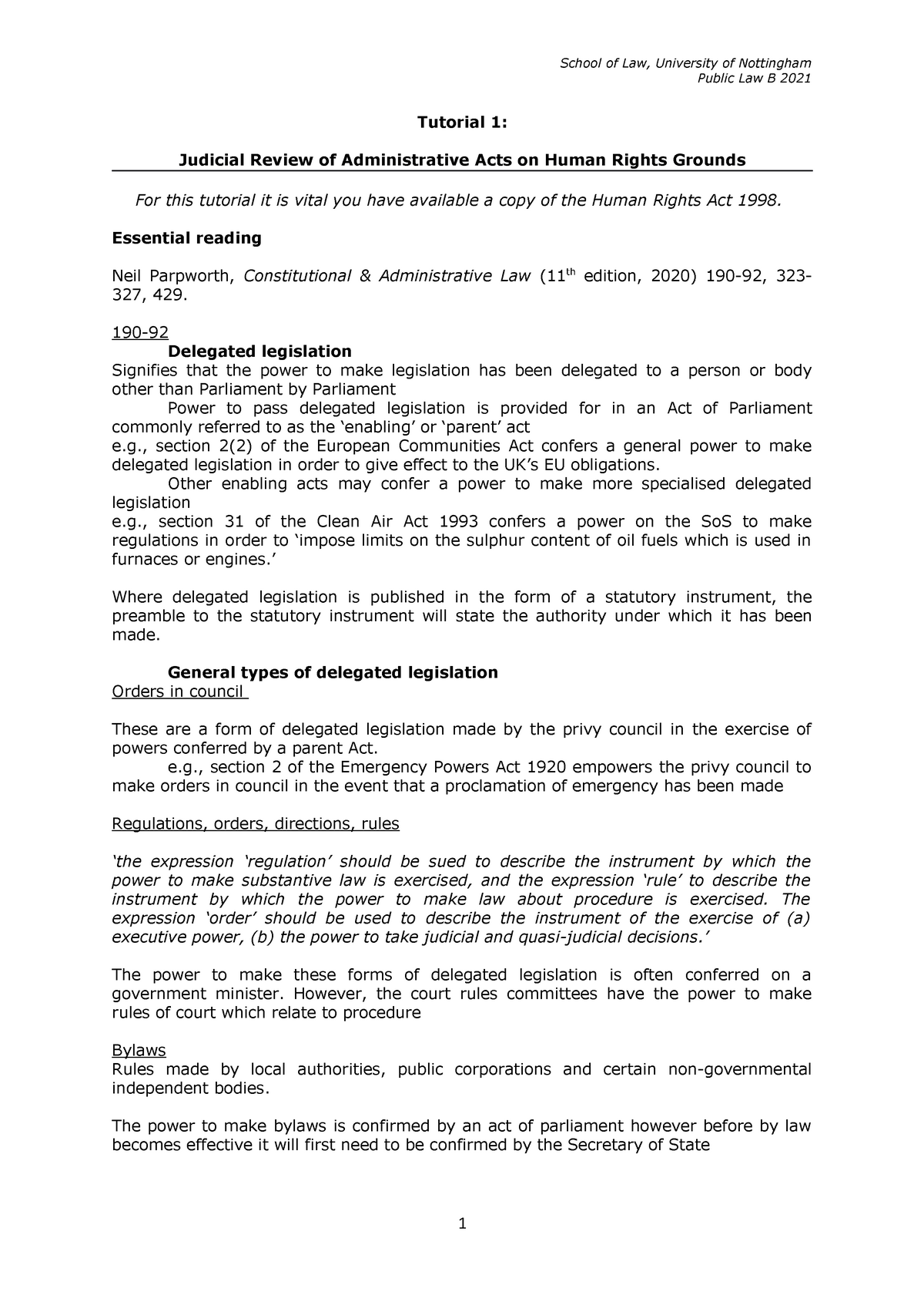 Public Law B 2021 Tutorial 1 - Essential Reading Neil Parpworth ...
