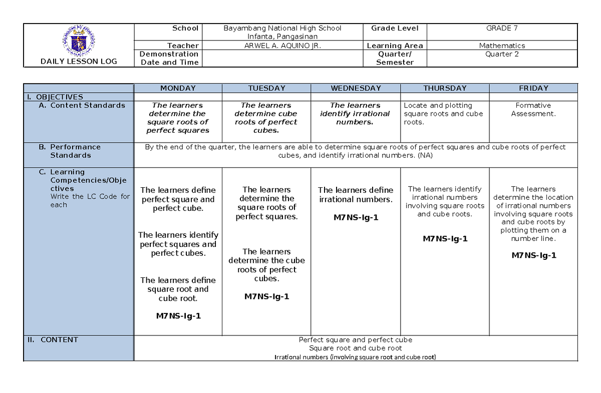 Daily Lesson Log Format - DAILY LESSON LOG School Bayambang National ...
