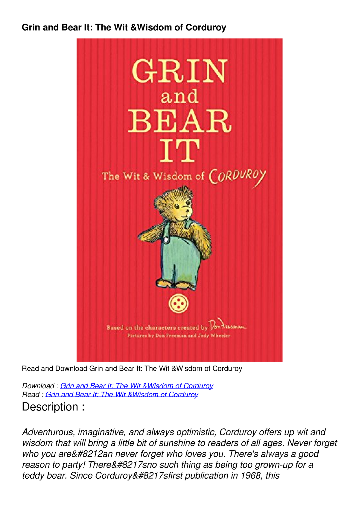 Read Pdf Grin And Bear It The Wit Wisdom Of Corduroy Grin And Bear