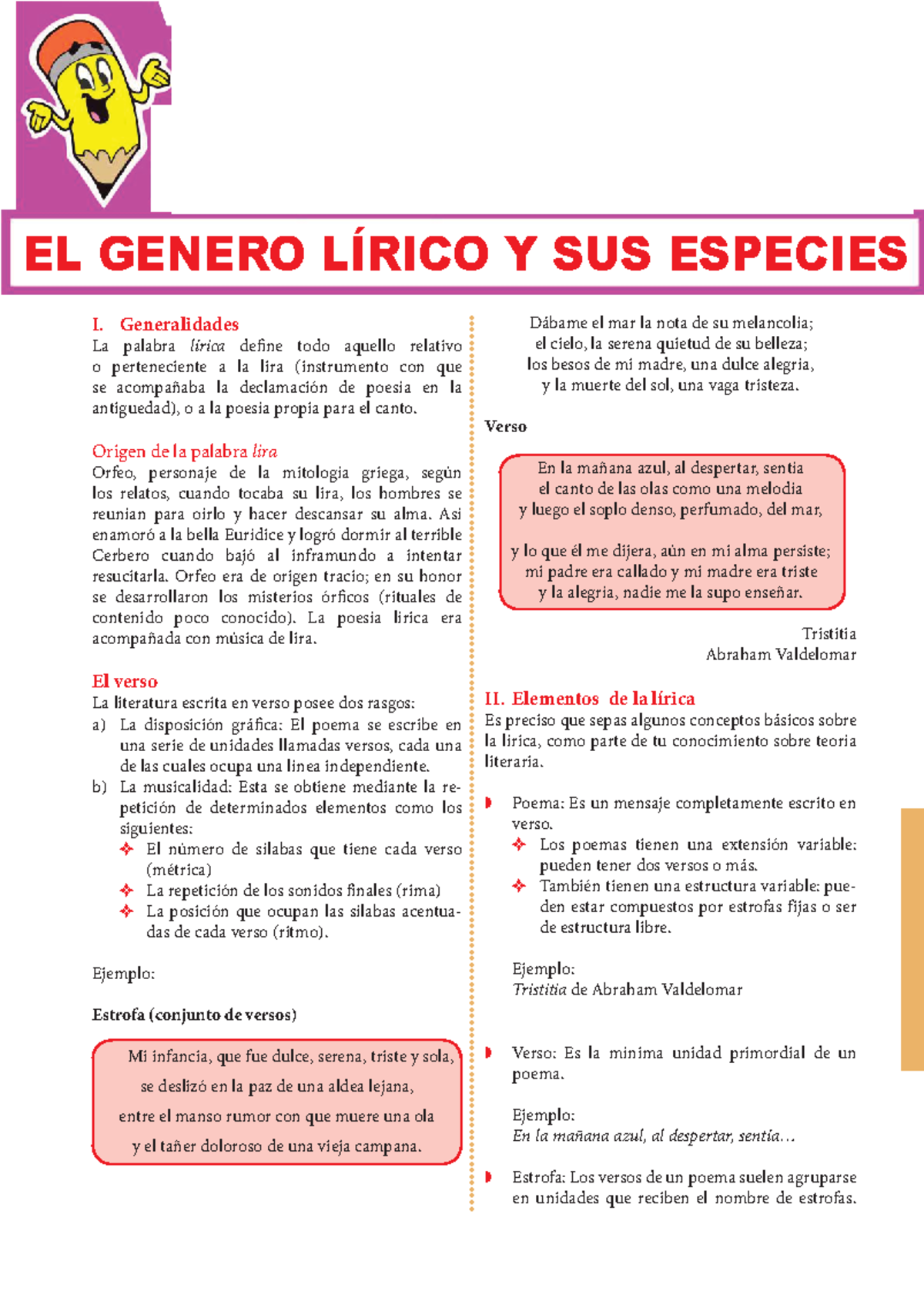 El Género Lírico Y Sus Especies Para Primer Grado De Secundaria I Generalidades La Palabra