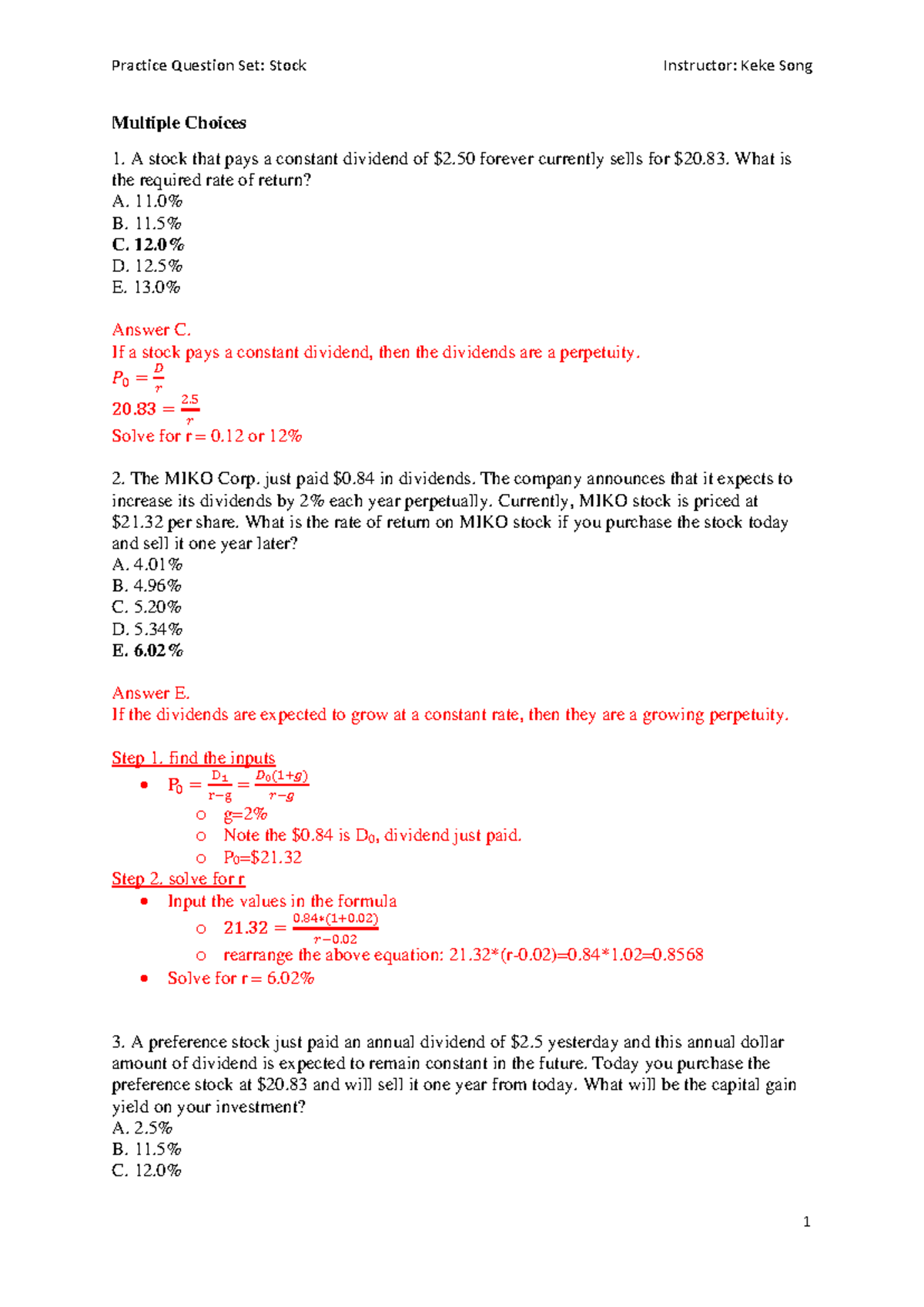 Stock practice solutions - Multiple Choices A stock that pays a ...