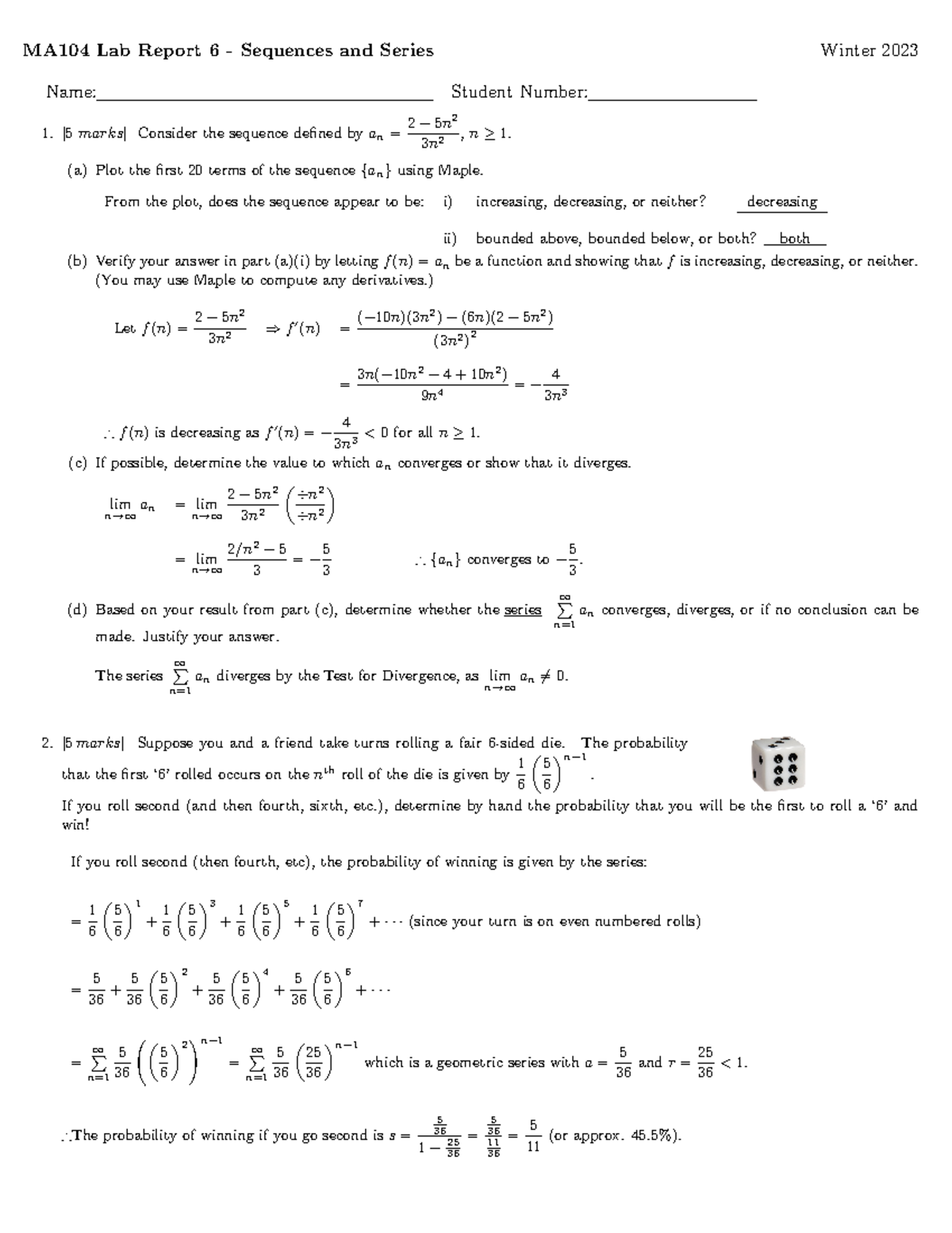 104Lab6Soln - MA104 Lab Report 6 - Sequences and Series Winter 2023 ...