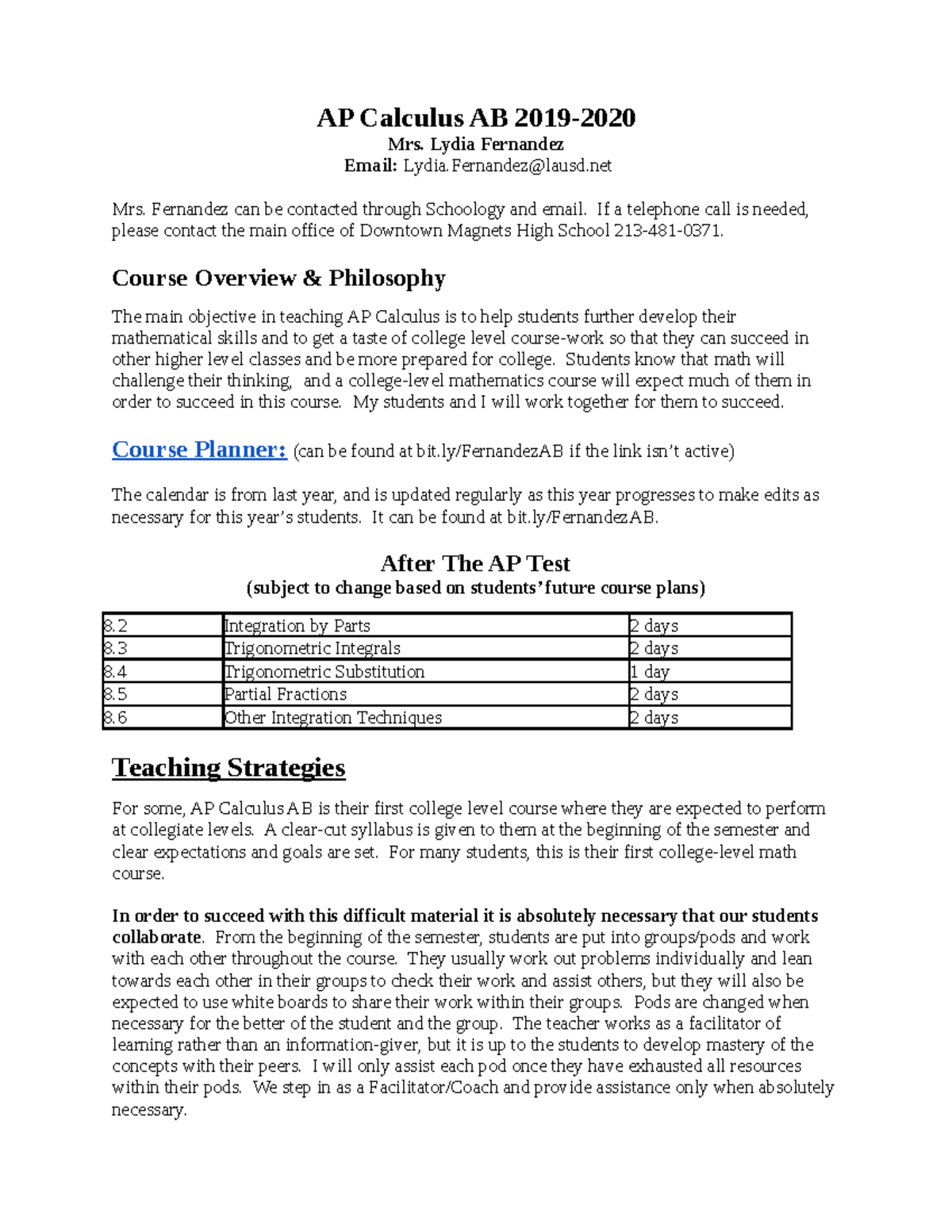 2019-2020 AP Calculus AB Syllabus - AP Calculus AB 2019- Mrs. Lydia ...