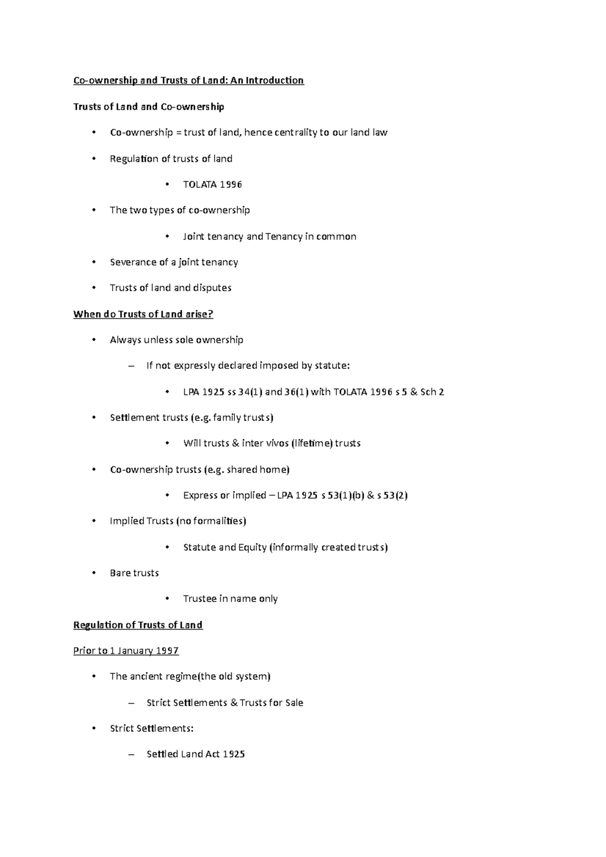 Land law - co ownership - Lecture notes 2 - Co-ownership and Trusts of ...