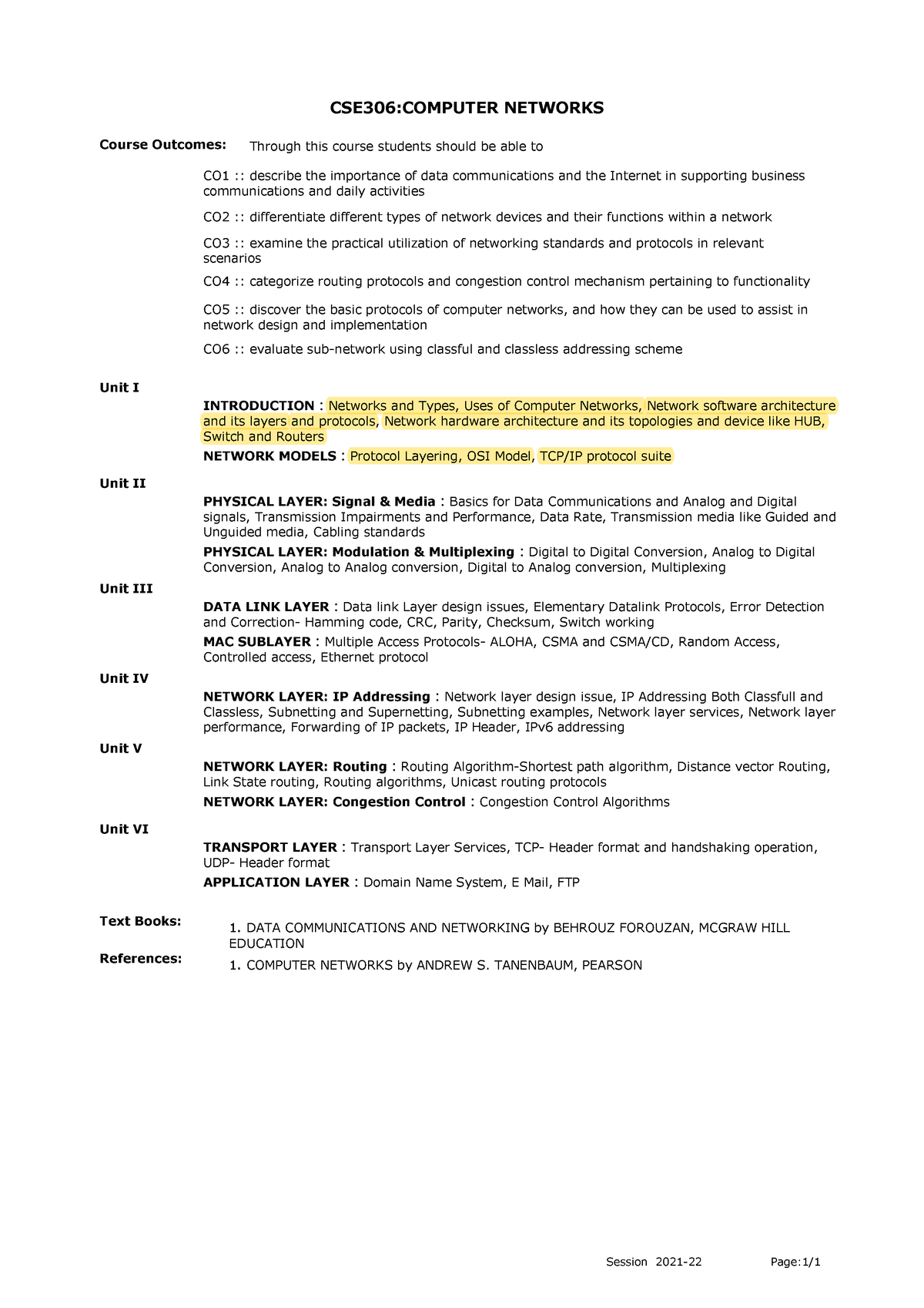 CSE 306 Syllabus - CSE306:COMPUTER NETWORKS Course Outcomes: CO1 ...