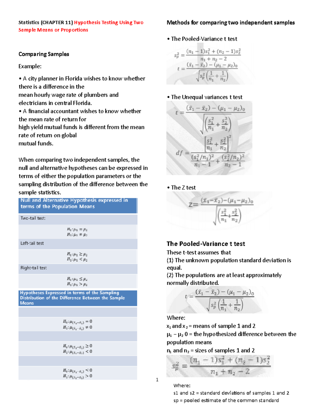 Stat chapter 11 - notes - Staisics (CHAPTER 11) Hypothesis Tesing Using ...