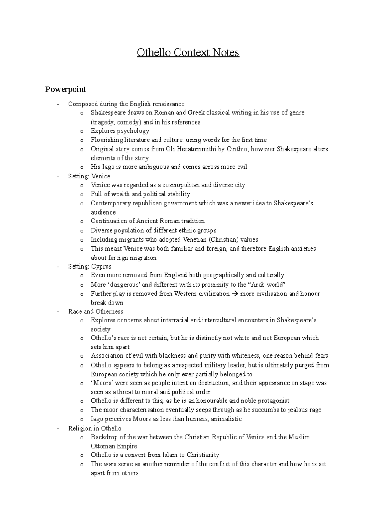 Othello Context Notes - Studocu