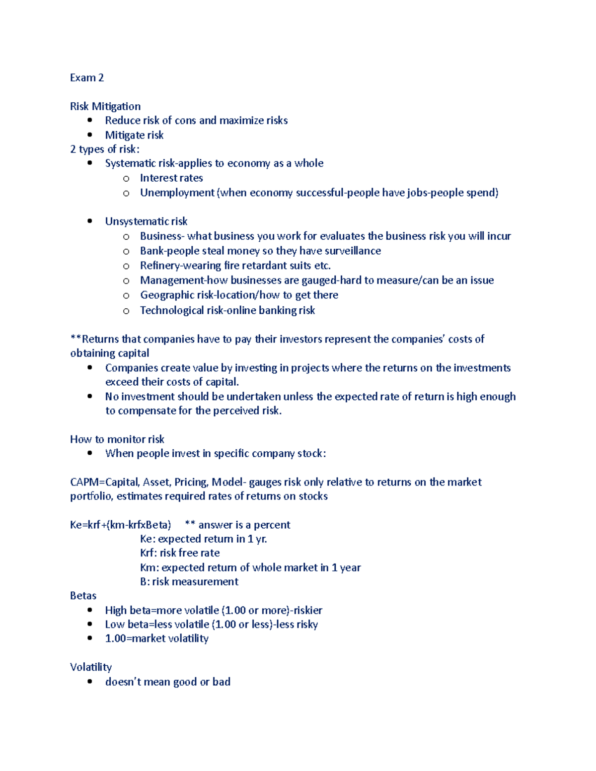 FIN200 finance exam 2 Exam 2 material Exam 2 Risk Mitigation Reduce