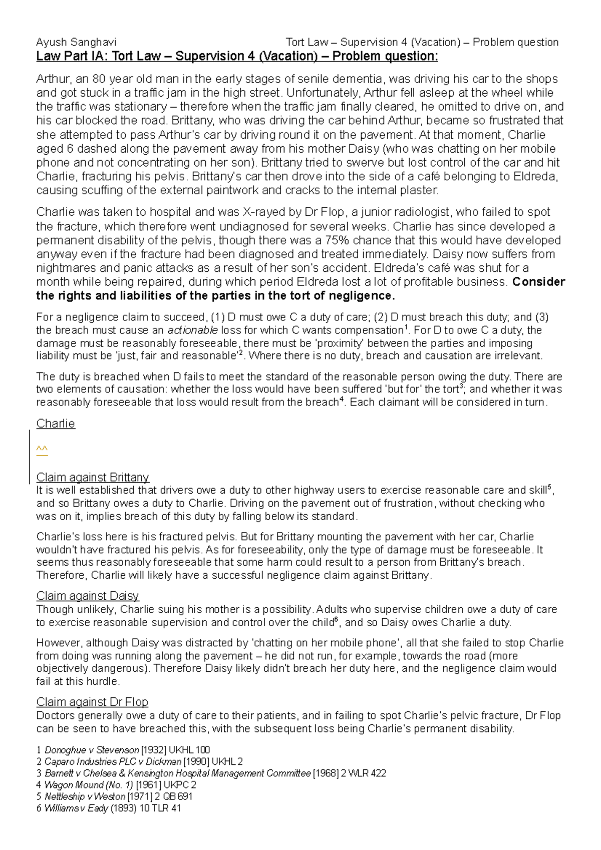 Tort Law - Supervision 4 (Vacation) - Problem Question - Marked - Ayush ...