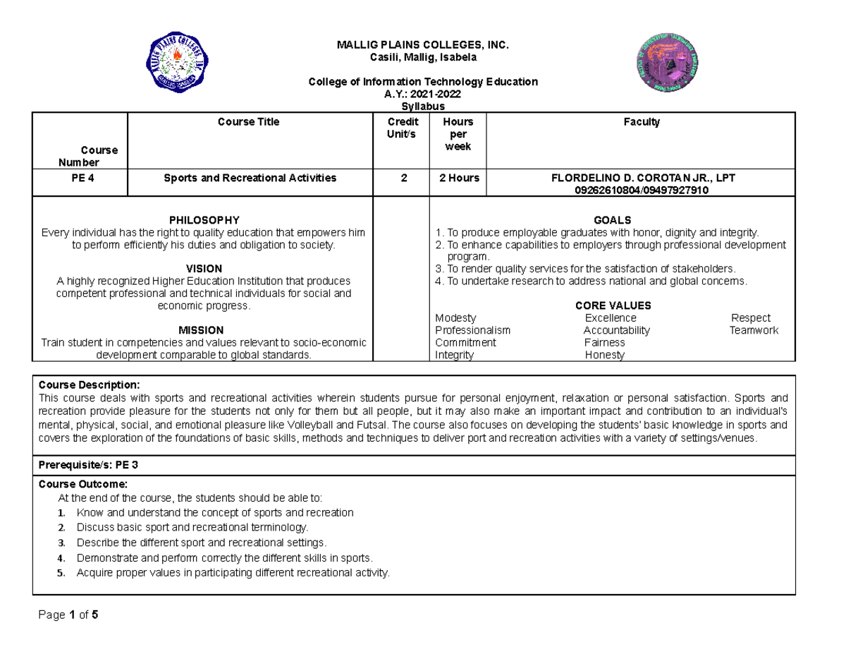 PE-4- Syllabus - Thank you! - MALLIG PLAINS COLLEGES, INC. Casili ...