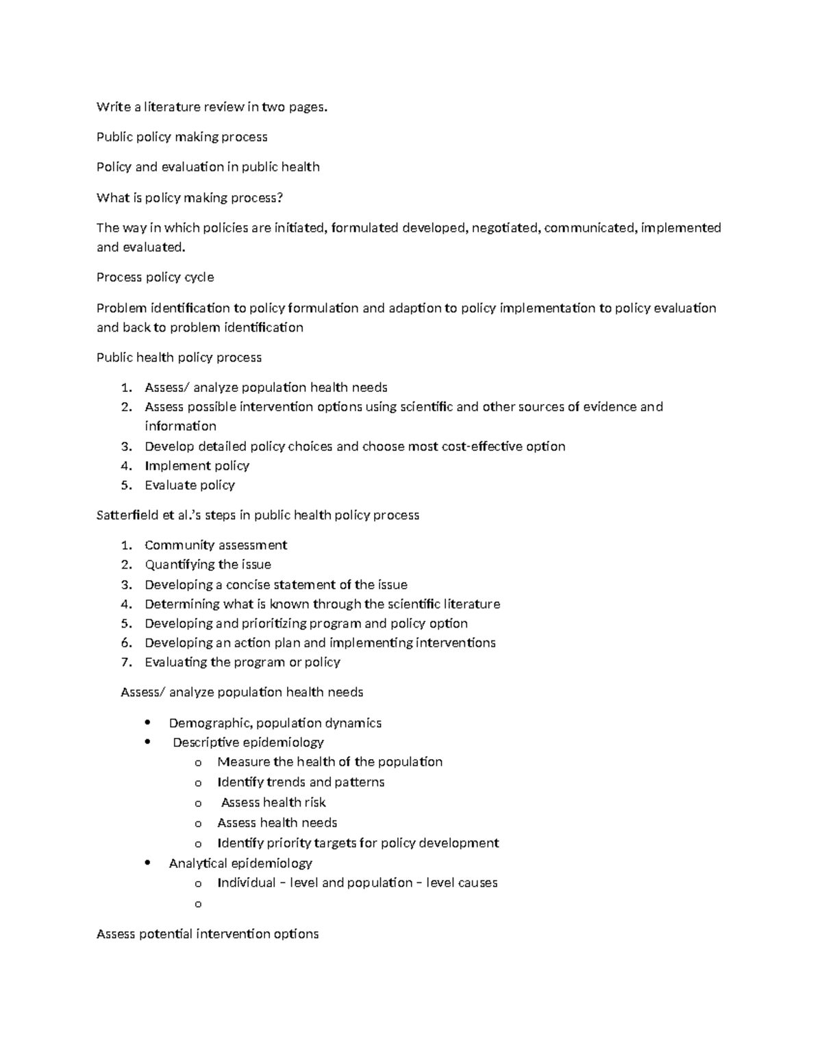 Public policy making process - Write a literature review in two pages ...