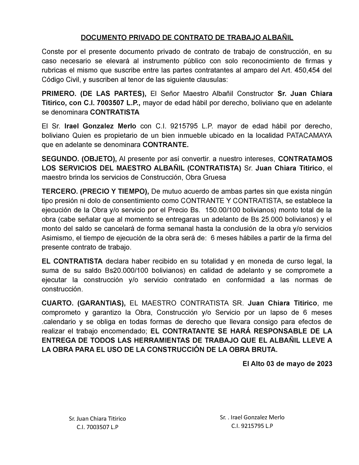 Documento Privado De Contrato De Trabajo Albañil Chiara Documento Privado De Contrato De 5604