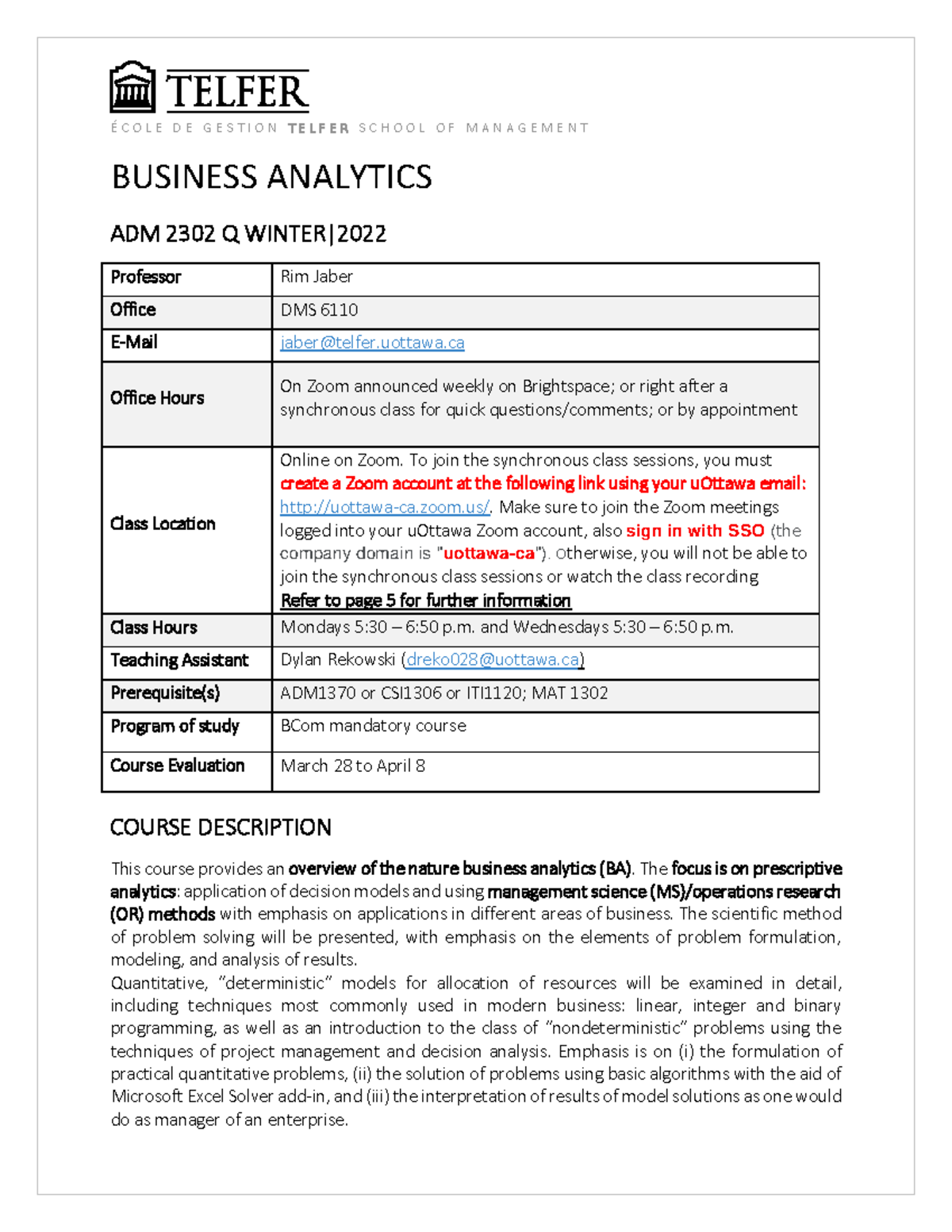 Business Analytics Syllabus - ... C O L E D E G E S T I O N TELFER S C ...